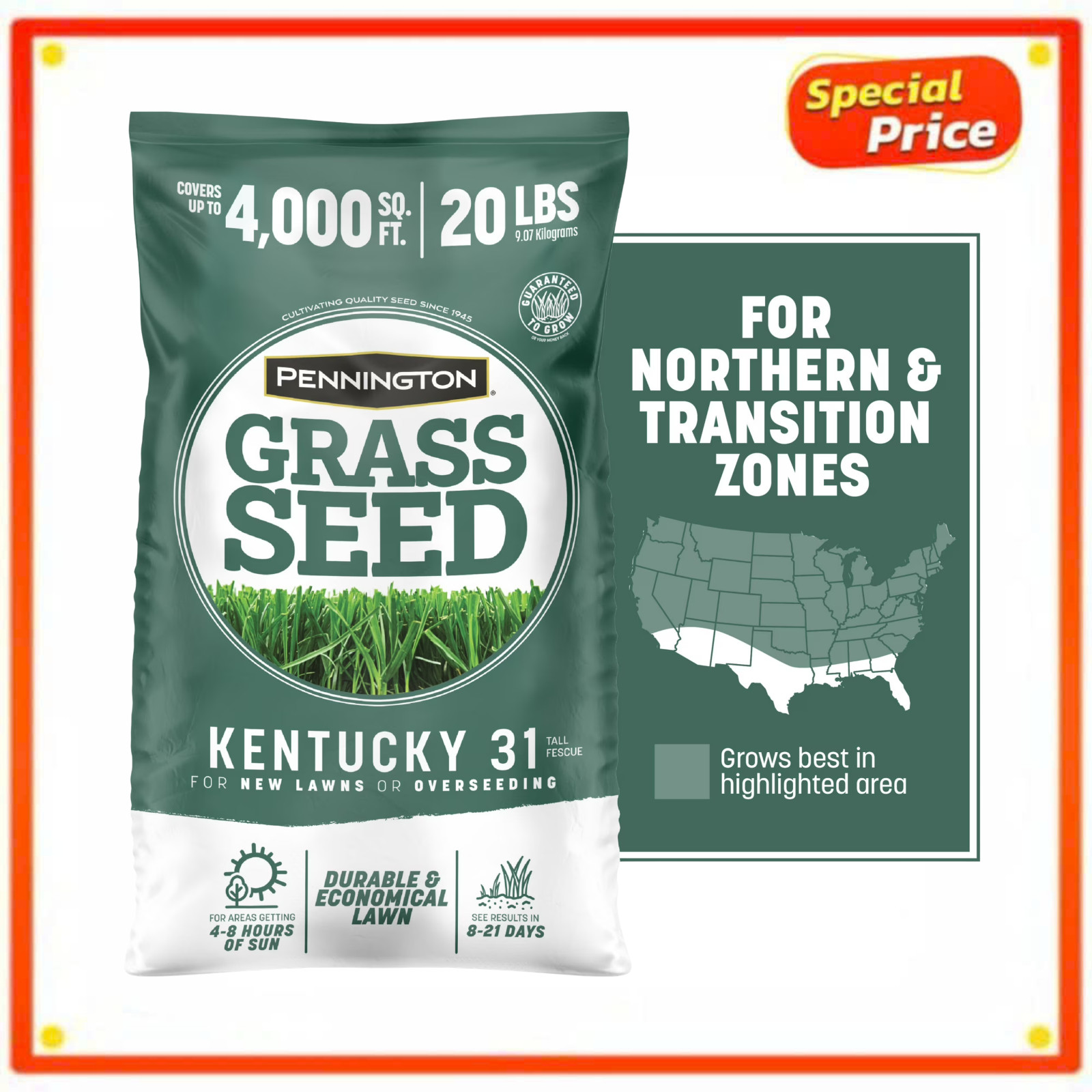Pennington Kentucky 31 Tall Fescue Grass Seed Sun to Partial Shade 20 lb New