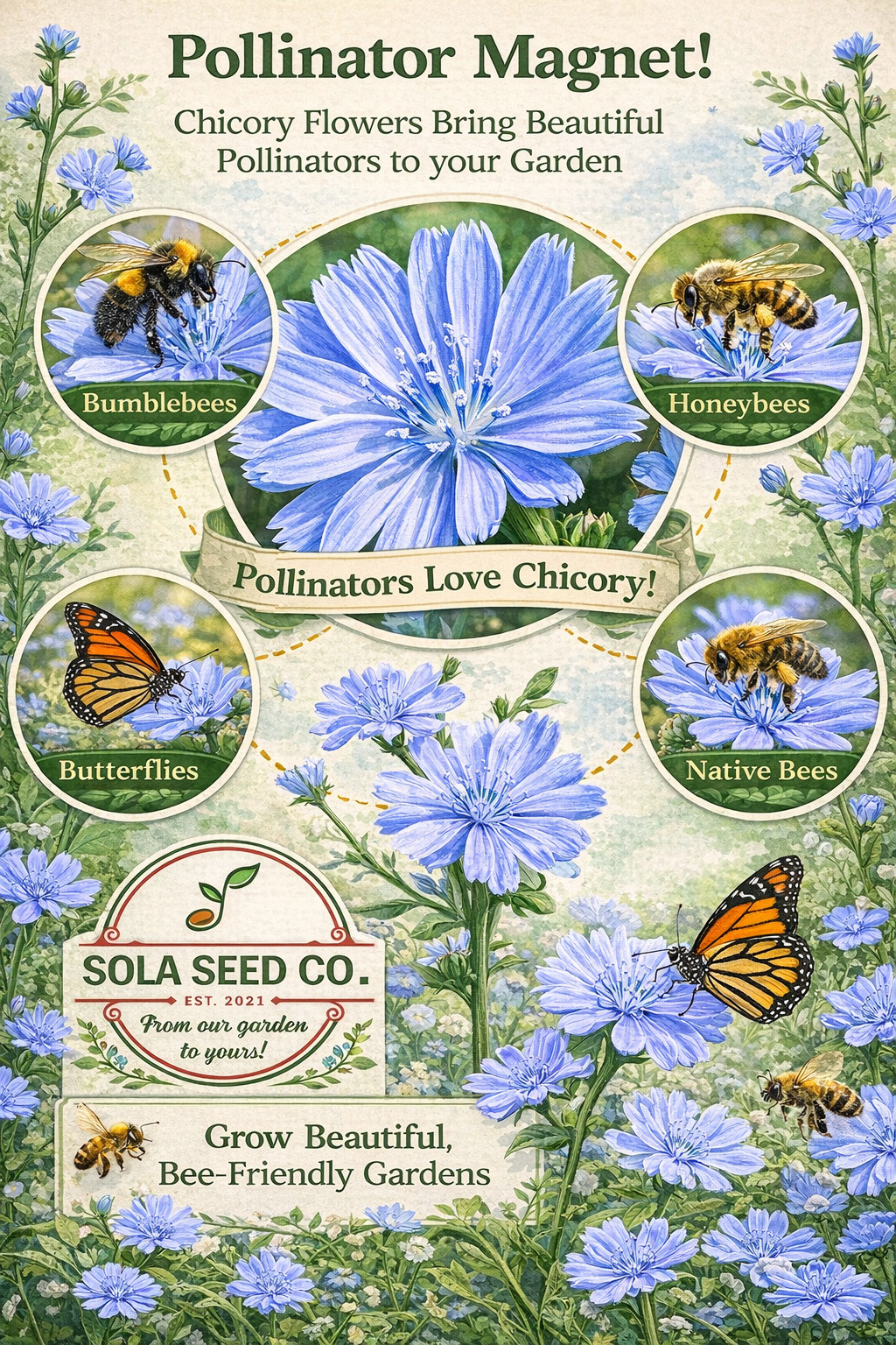 1000 Chicory Seeds, Cichorium intybus, Pollinator Friendly, Coffee Substitute
