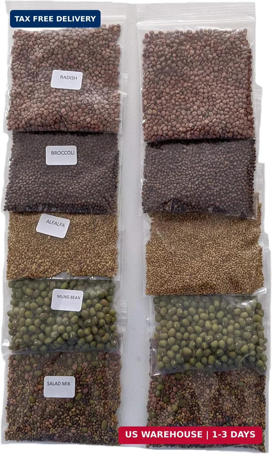 Variety Pack Sprouting Seeds Broccoli, Alfalfa, Radish, Mung beans & Salad Mix f