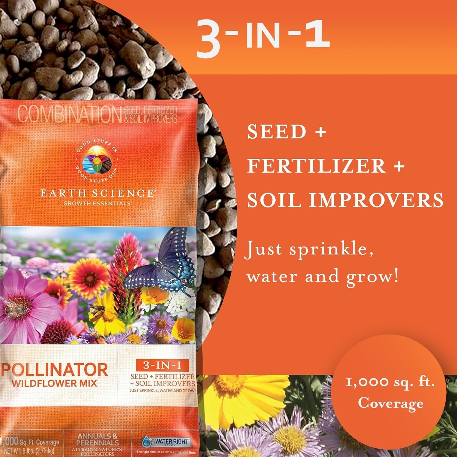 3-in-1 Wildflower Mix – 6lb of Seeds, Food & Soil conditioner for Pollinators