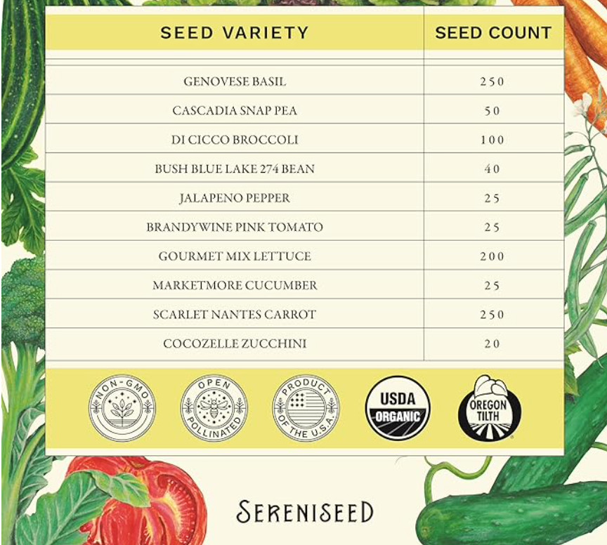 Sereniseed Certified Organic Vegetable Seeds 10-Pack Non GMO Open Pollinated