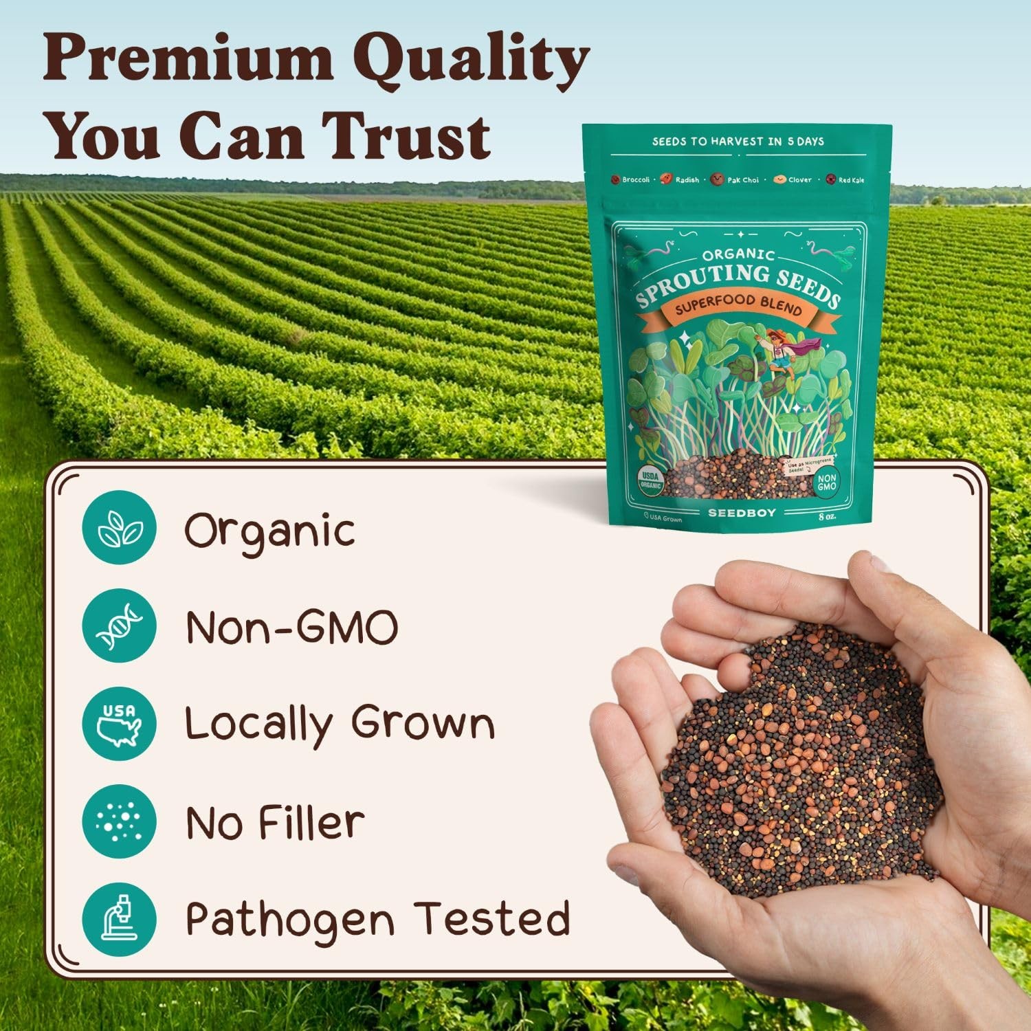 Seedboy Organic Non-GMO Sprouting Seeds, Superfood Blend – USA 8 oz, Green