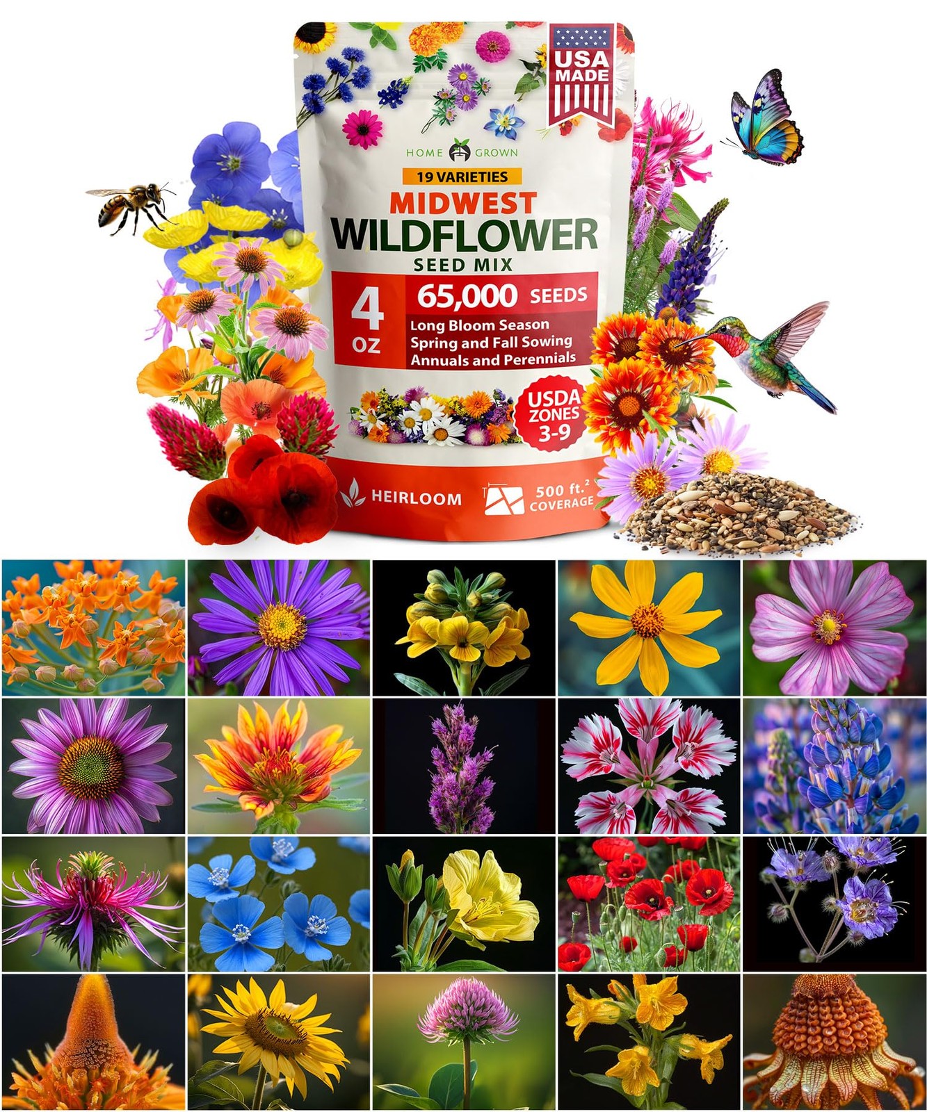 65000+ Wildflower Seeds Heirloom Perennial Flower Mix Bees Birds Midwest 4 oz