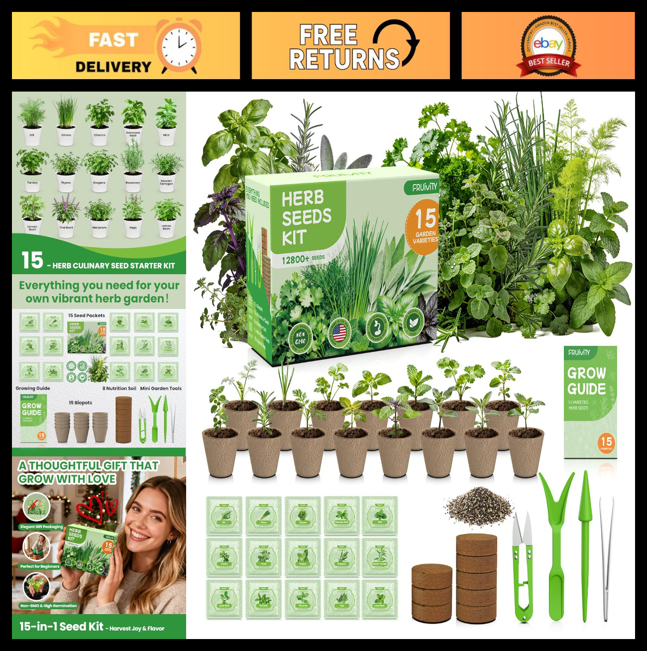 Herb Garden Starter Kit – 15 in 1 Heirloom Seeds for Indoor/Outdoor Planting, Co