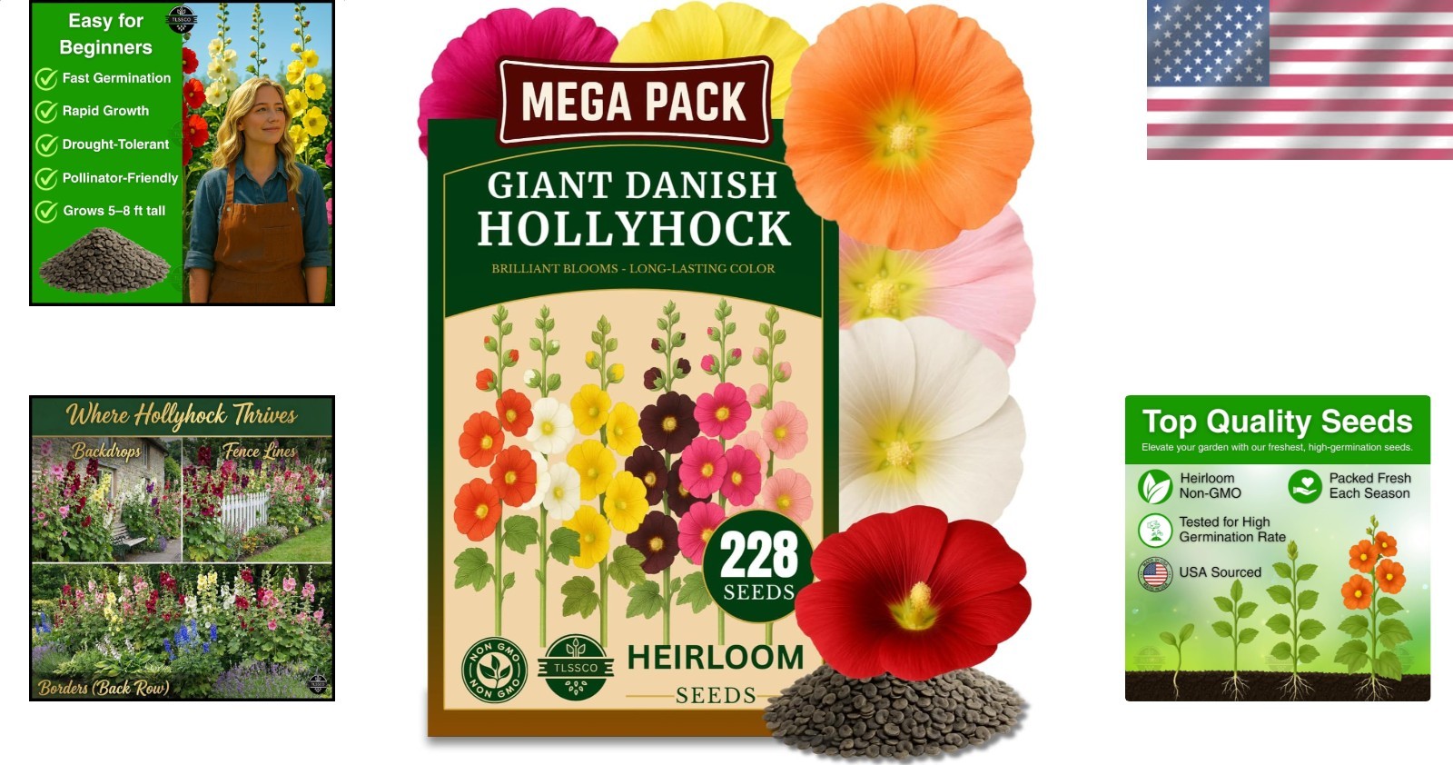 Flower Seeds: Heirloom Giant Hollyhock Carnival Mix Vibrant Blooms Garden Pack