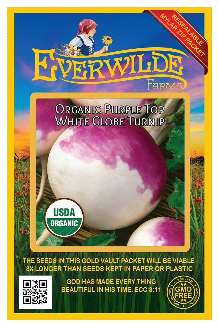 250 Organic Purple Top White Globe Turnip Seeds – Everwilde Farms Mylar Packet