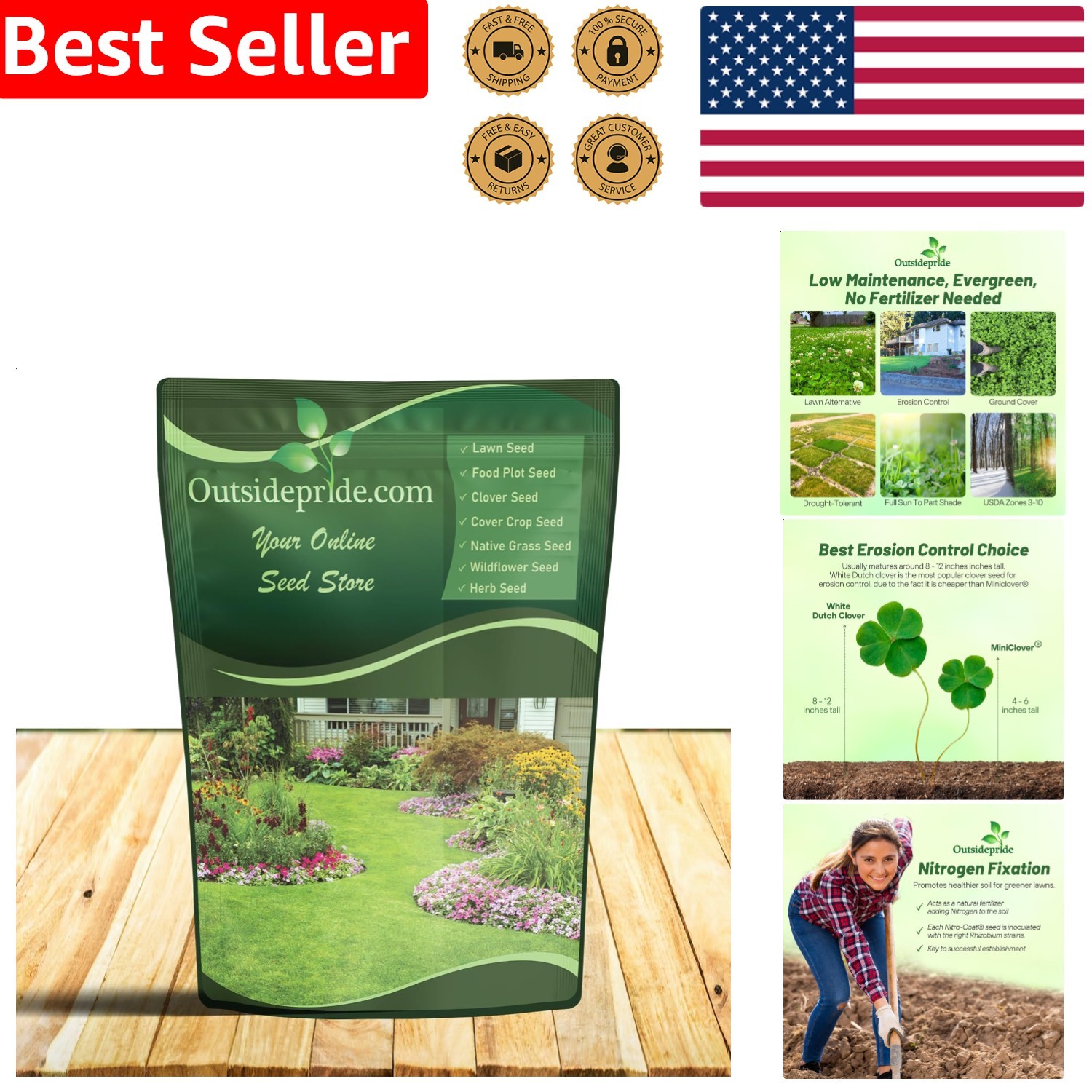 Perennial White Dutch Clover Seed – Nitrocoated, 1 lb for Vibrant Lawns