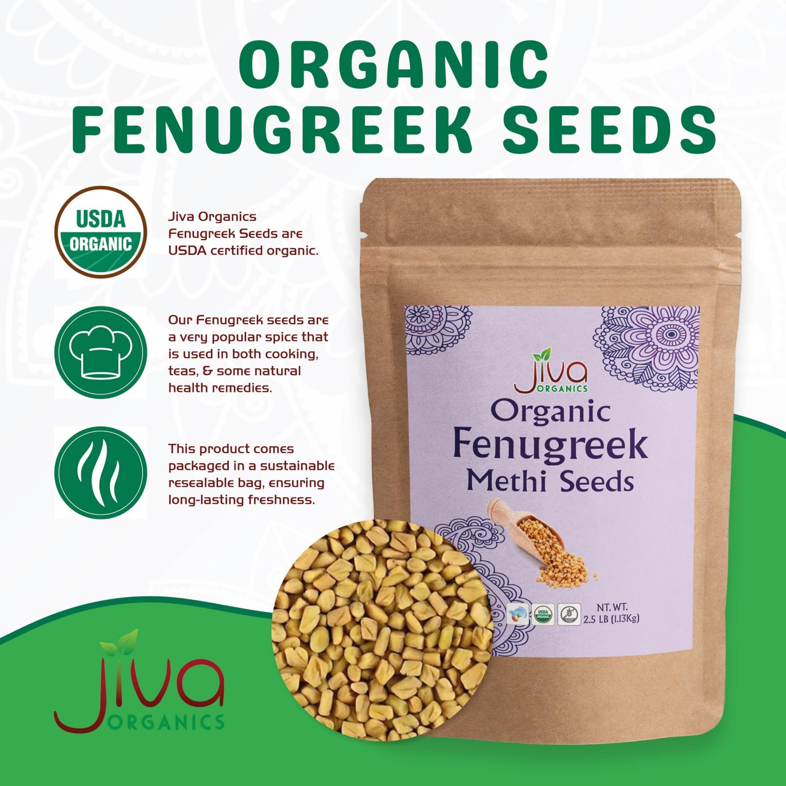 Organic Fenugreek Seeds 2.5 LB – Non-GMO, Gluten-Free, Whole Methi Seeds