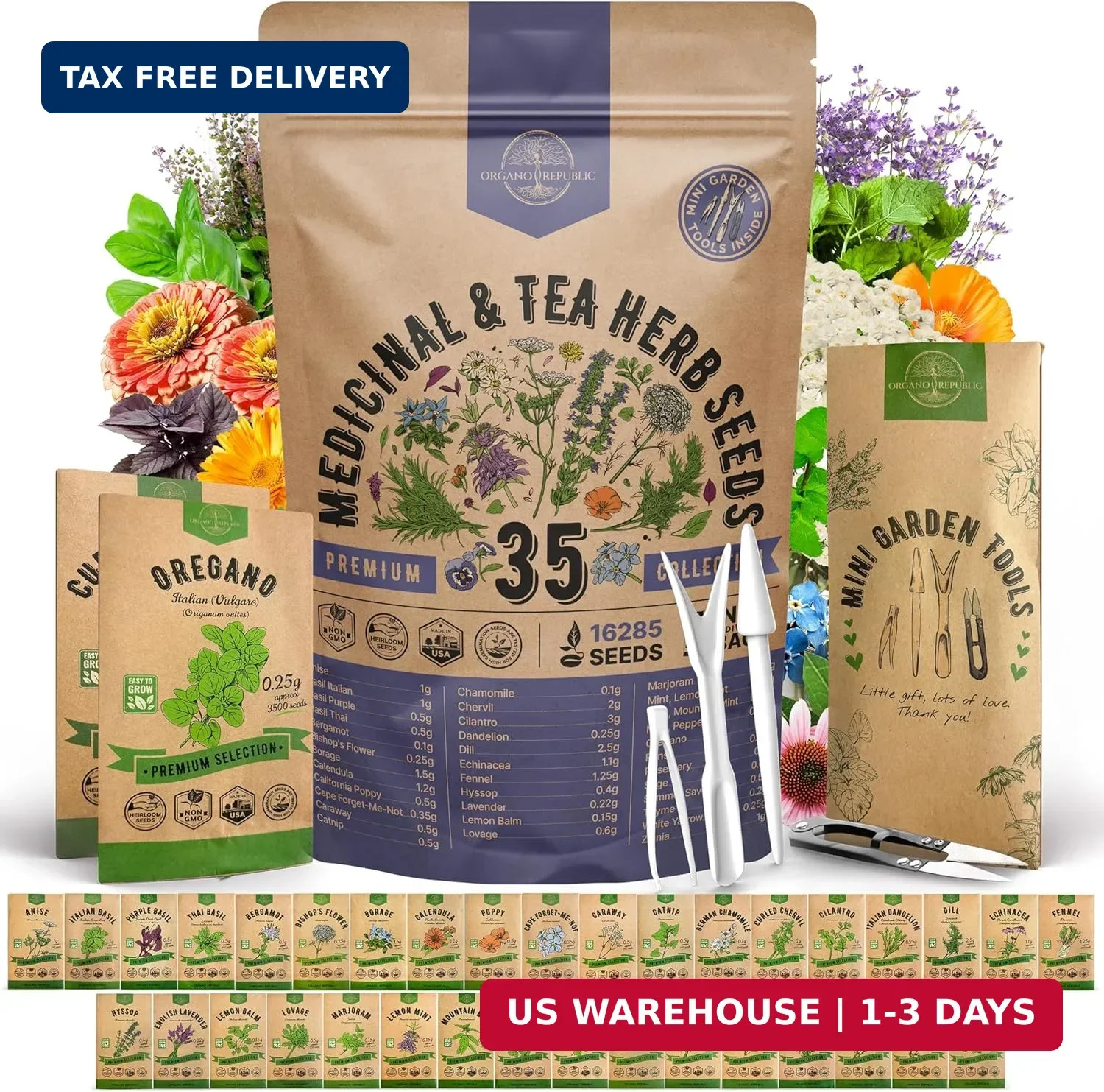 35 Medicinal & Tea Herb Seeds Variety Pack for Indoor & Outdoors. 16,335+ Non-GM