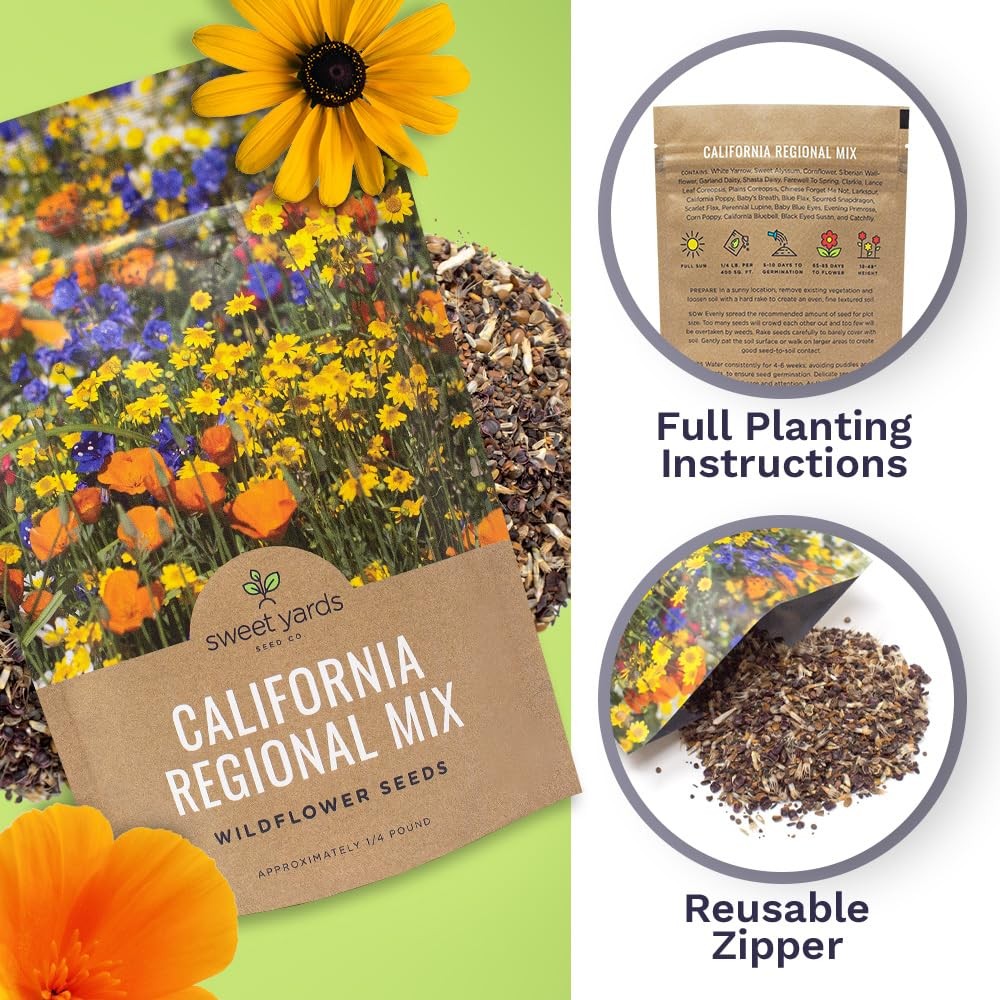 California Wildflower Mixture – Bulk 1/4 4 Ounce (Pack of 1), Multiple Colors
