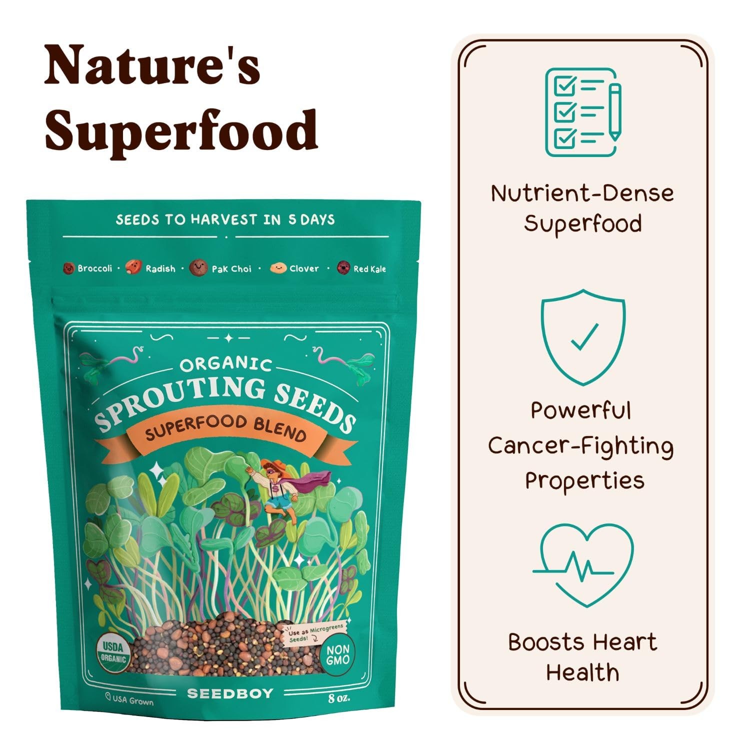 Seedboy Organic Non-GMO Sprouting Seeds, Superfood Blend – USA 8 oz, Green