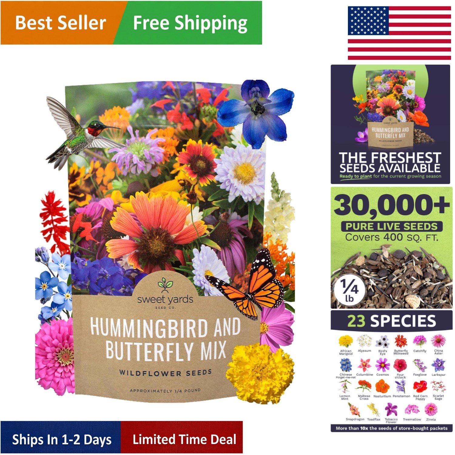 Heirloom Wildflower Seeds – 30,000+ Count, Butterfly & Hummingbird Friendly