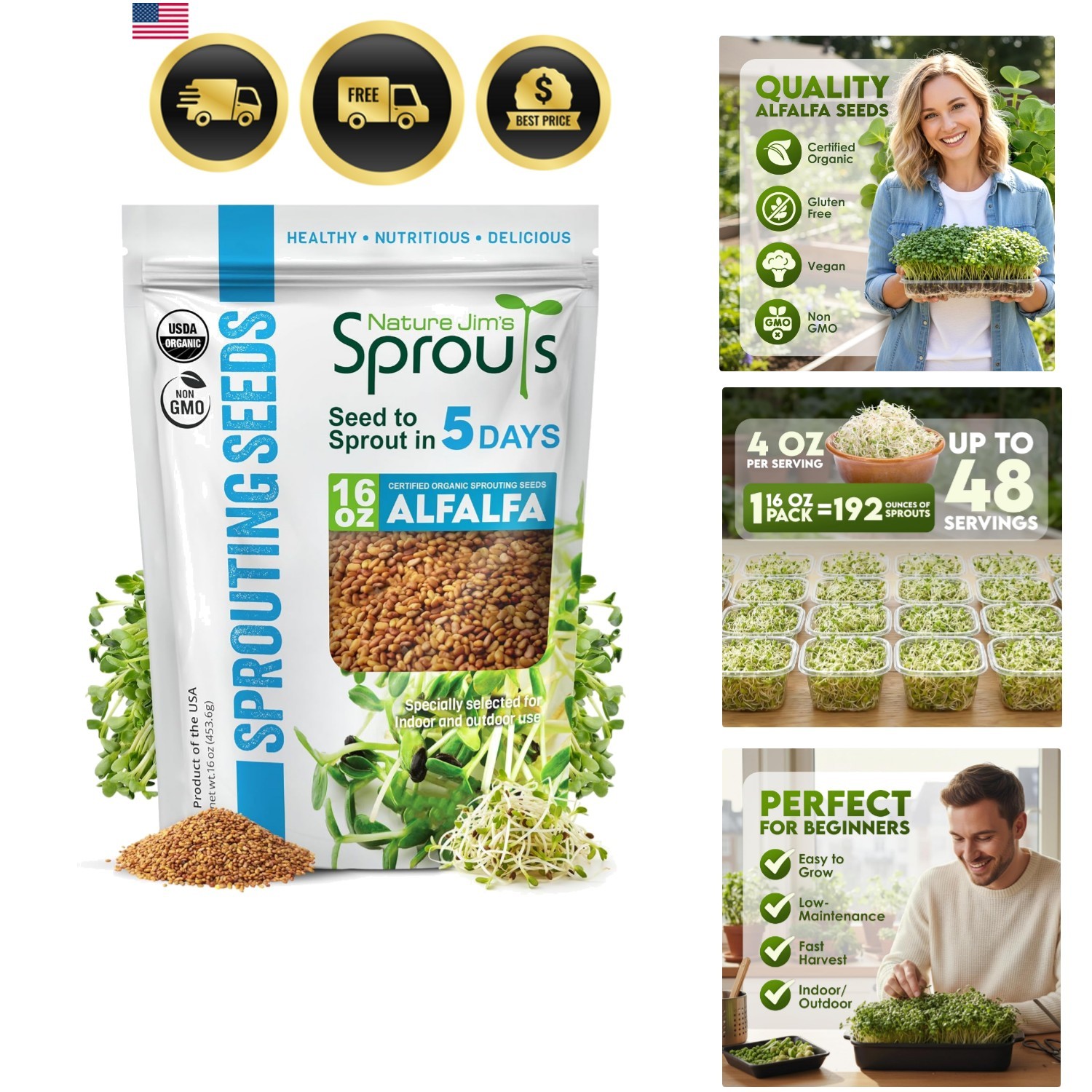 Alfalfa Seeds – Non-GMO Organic Sprout Growing Kit for Planting – Resealable…