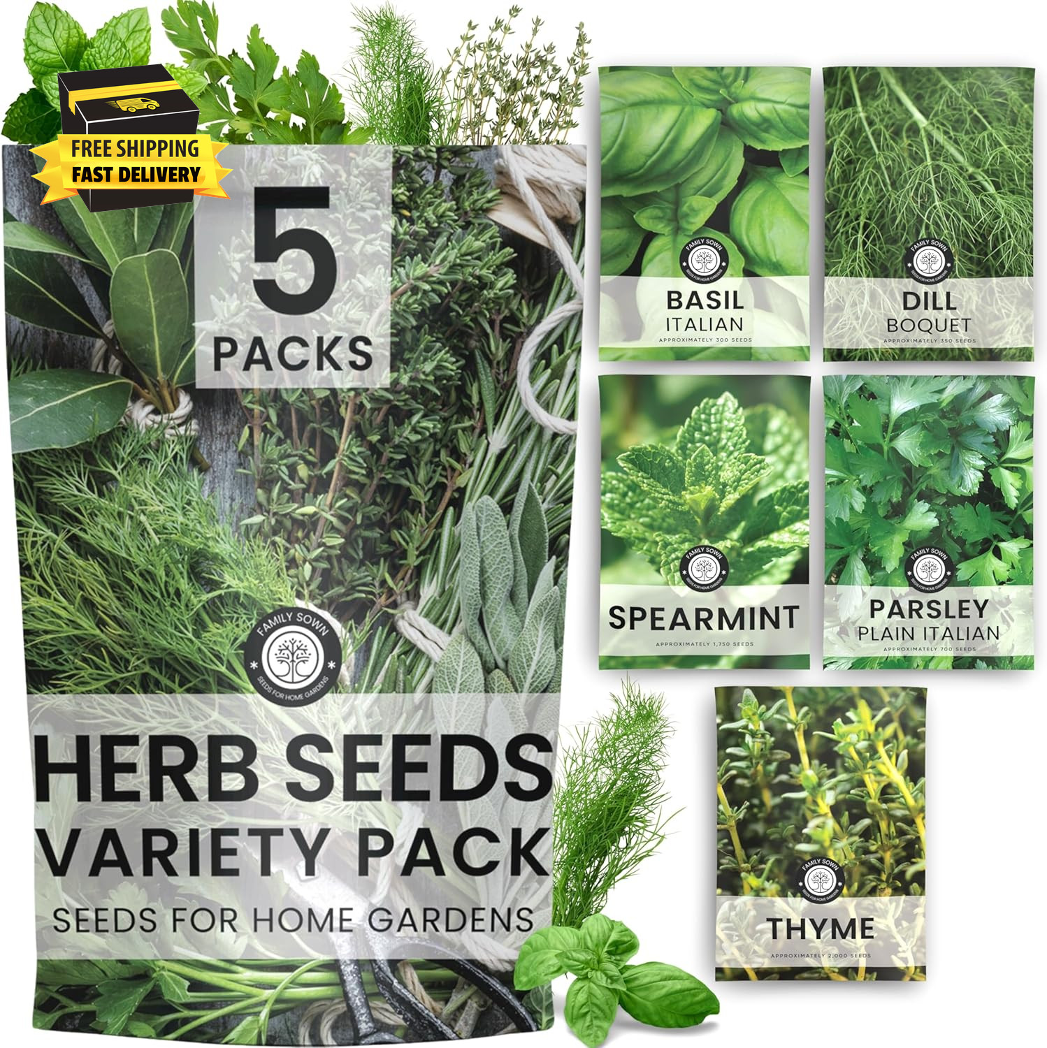 Herb Seeds | 5 Invidiual Packs | 2026 Season | Non-Gmo | Basil, Dill, Spearmint,