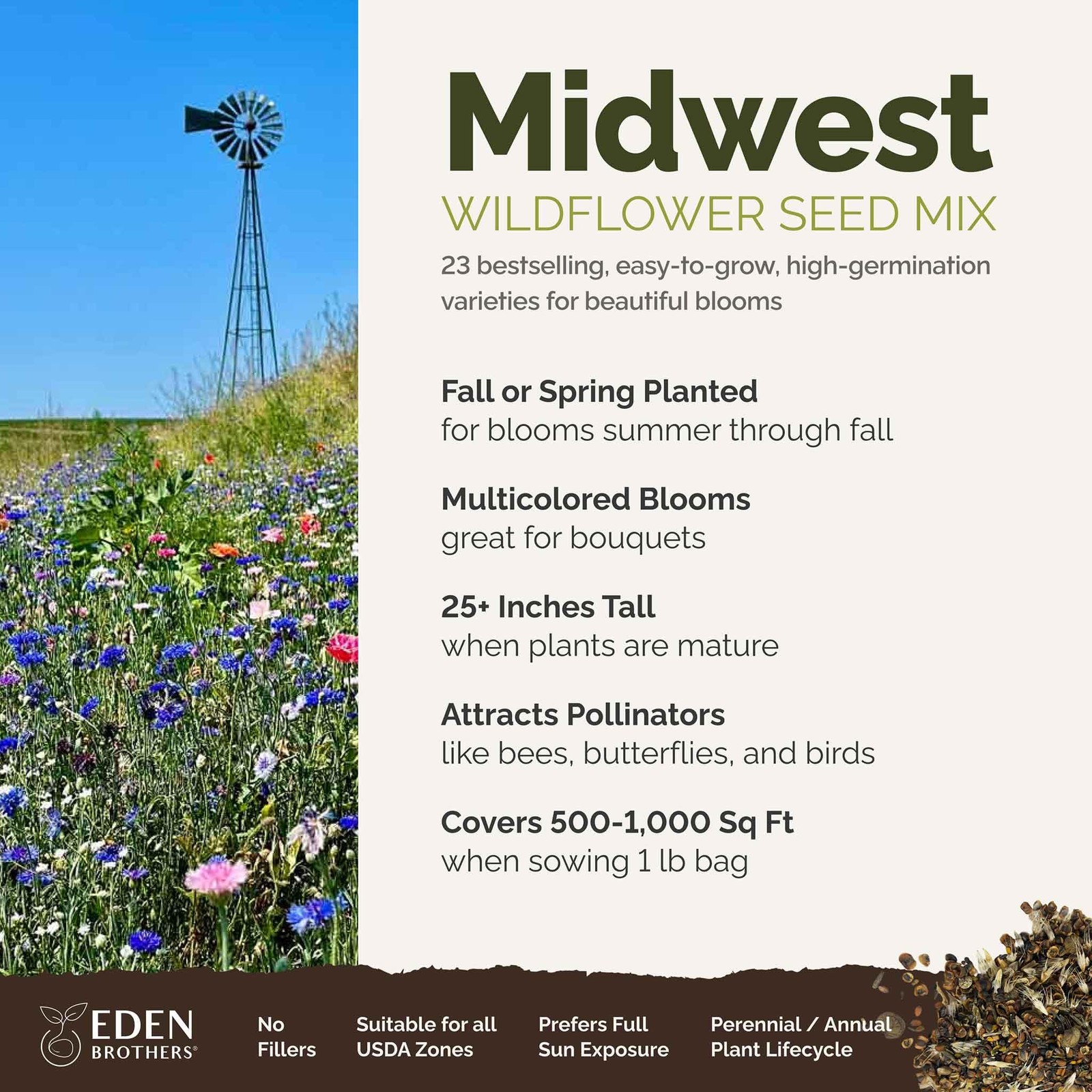 Midwest Wildflower Seed Mix 1 lb, 480,000+ Seeds for Pollinators, Zones 310