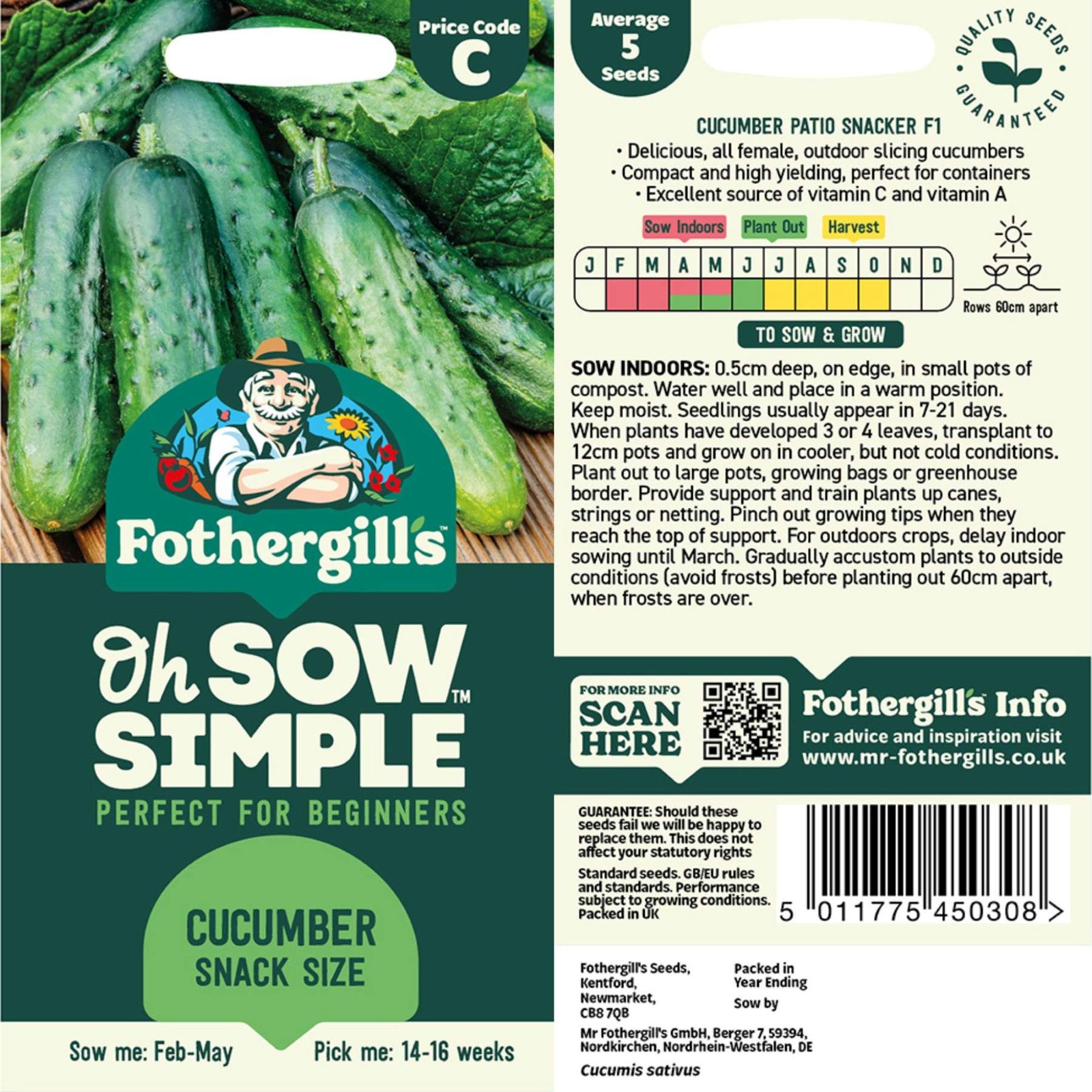 Mr. Fothergill’s Cucumber Snack Size Seed Oh Sow Simple, Easy to Grow