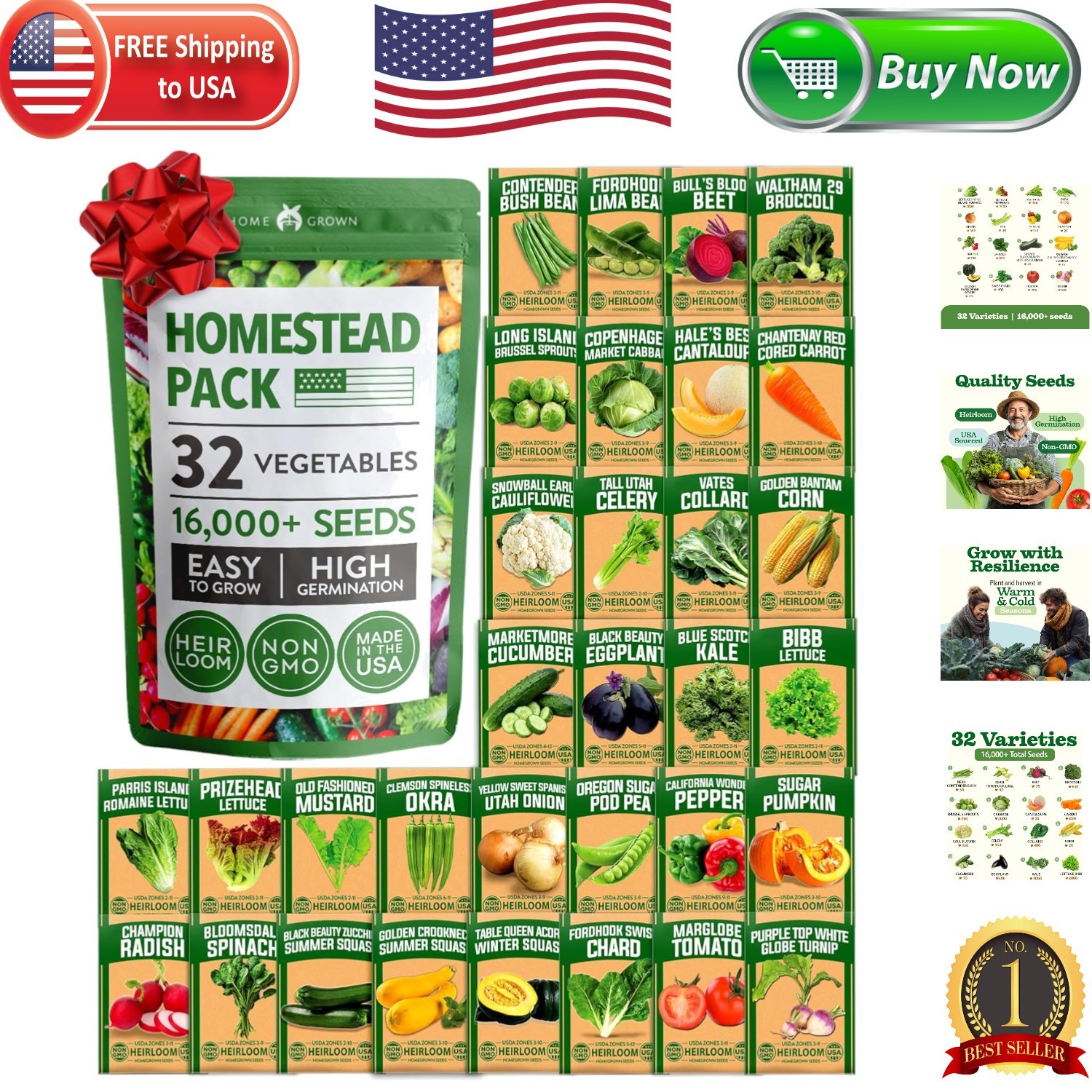 Non-GMO Heirloom Seed Vault: 32 Varieties with 16,000 High Germination Seeds