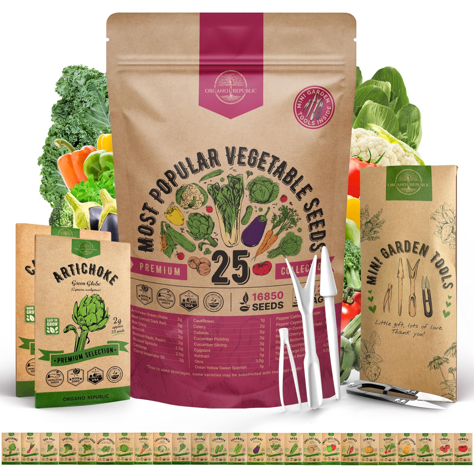 Organo Republic 25 Vegetable Seeds Variety Pack – 16,850+ Non-GMO Heirloom Se…