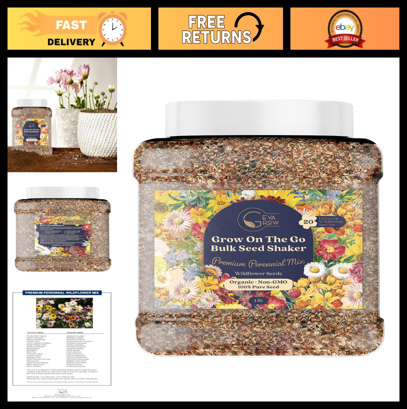 Bulk Wildflower Seed Shaker – 900,000+ Perennial Flower Seeds Mix, 1 lb Tub
