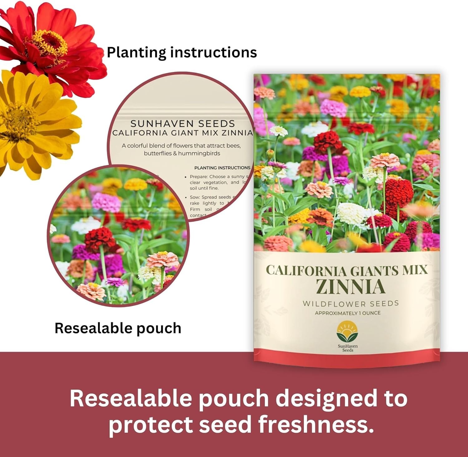 California Giants Zinnia Mix – 4,000+ Seeds – 1 oz Bulk Extra Large Resealabl…