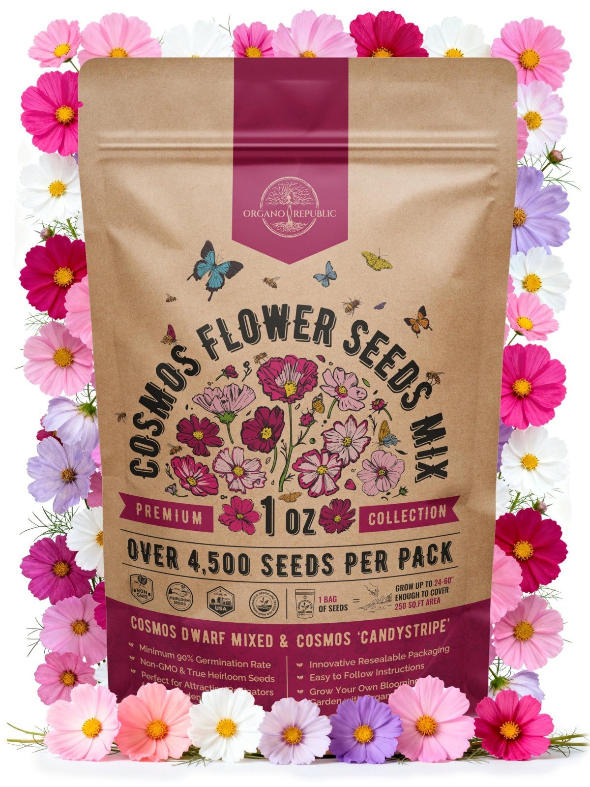 Non-GMO Cosmos Flower Seeds Pack 1 oz – 4,500 Heirloom Seeds for Indoor & Outdoo