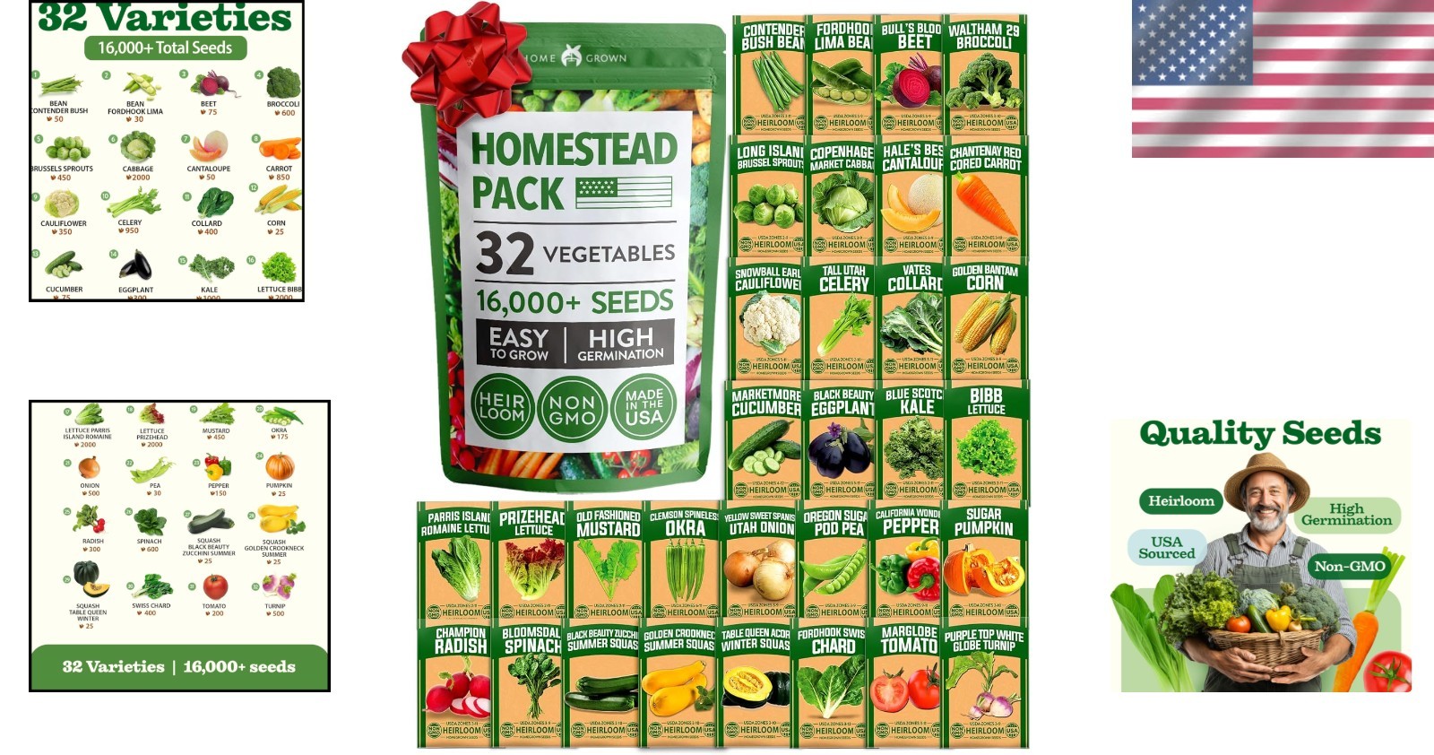 Non-GMO Heirloom Seed Vault: 32 Varieties with 16,000 High Germination Seeds