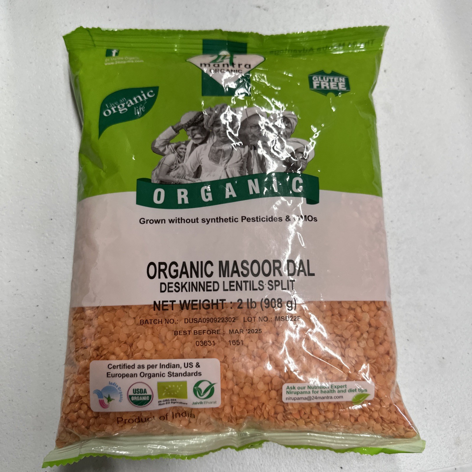 Organic 24 Mantra Masoor Dal – 2 Lb 2 Pound Gluten Free Deskinned Lentils Split