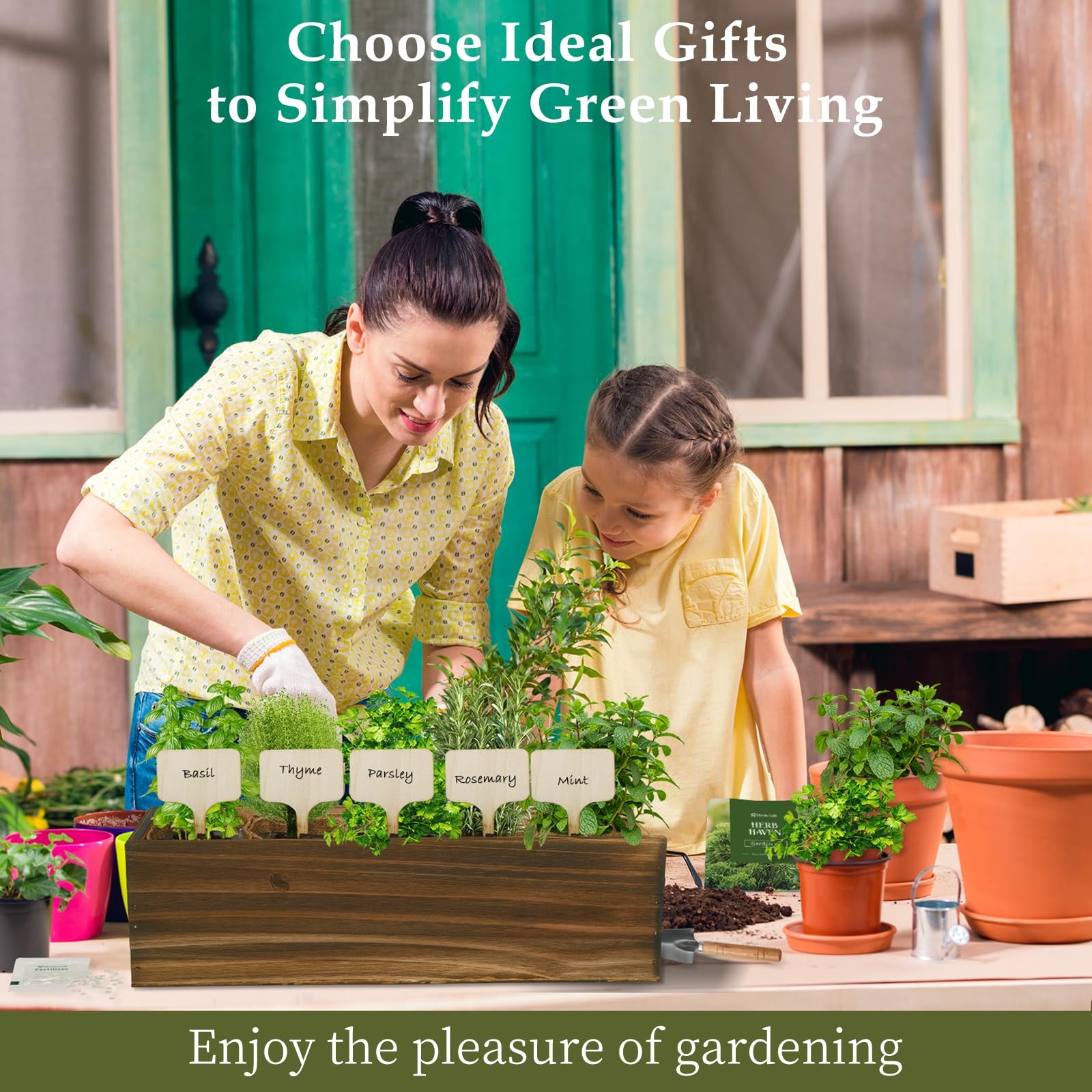 Indoor Herb Garden Planter Kit with Wooden Box – Seed Starter for Basil, Thyme