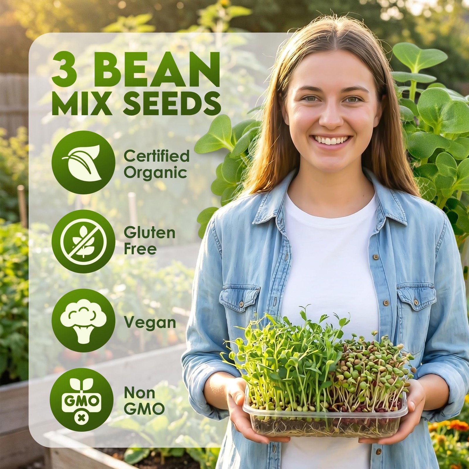 Organic 3-Bean Seed Mix for Planting – Non-GMO Microgreen Sprout Seeds 16 Oz