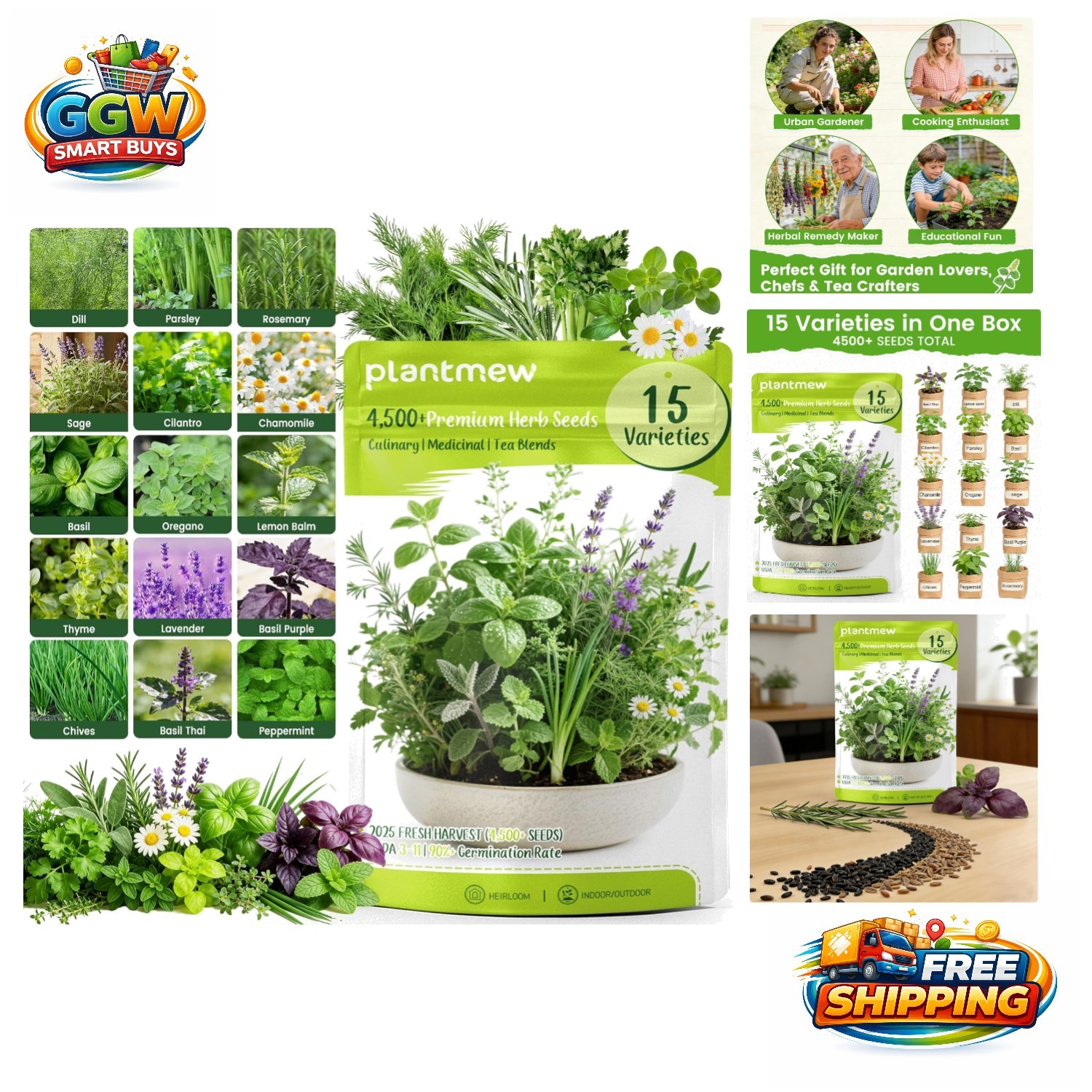 15 Variety Herb Seeds – Culinary & Medicinal Garden Kit with 4,500 Seeds