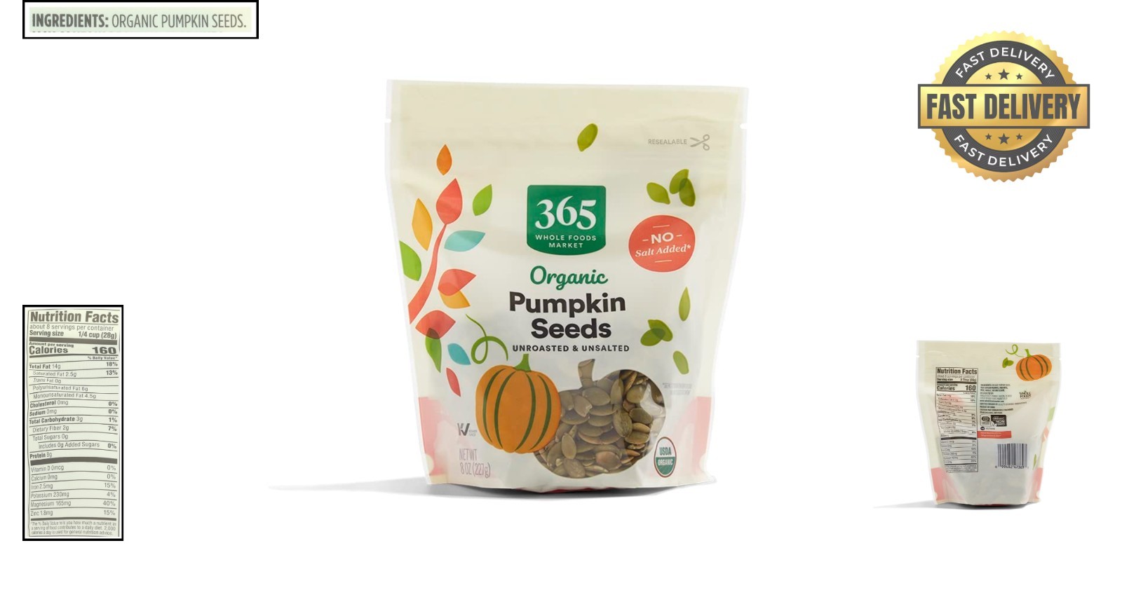 Organic Pumpkin Seeds 8 oz – Unroasted, Unsalted, Snack Delight