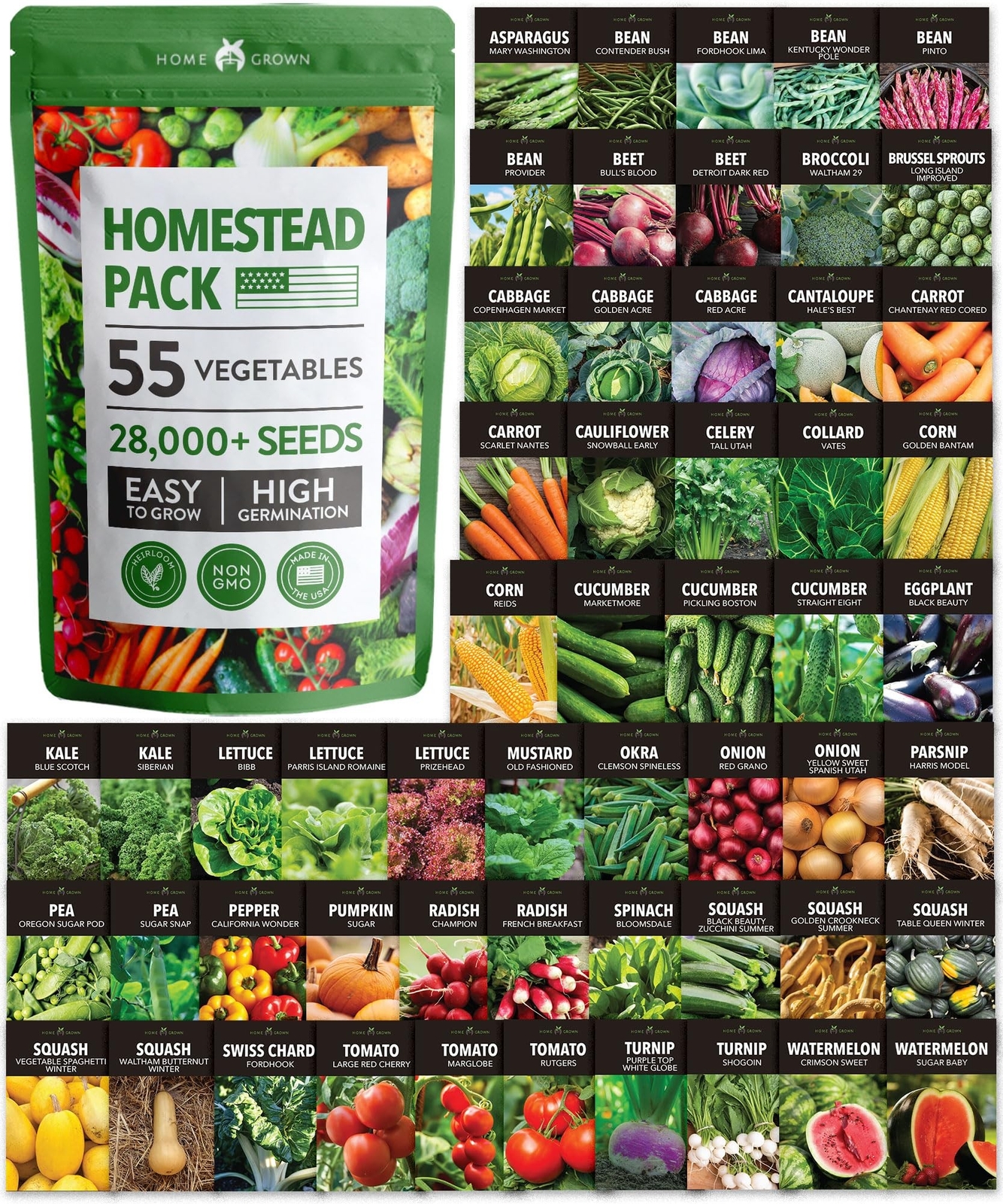 HOME GROWN 55 Vegetable Seeds Pack | Spring, Fall, Winter Heirloom Vegetables…