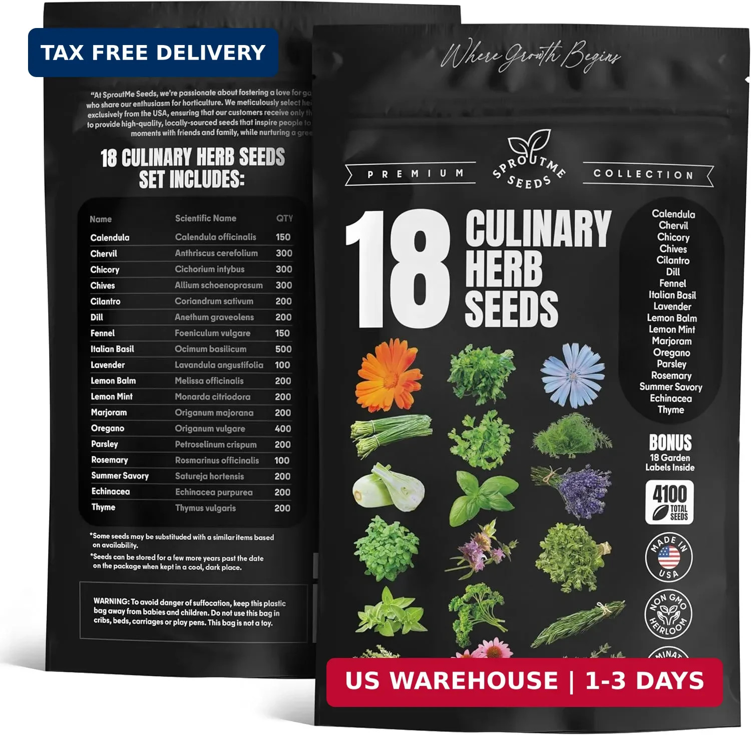 Culinary Herb Seeds Variety Pack – Basil, Cilantro, Parsley, Oregano, Rosemary &