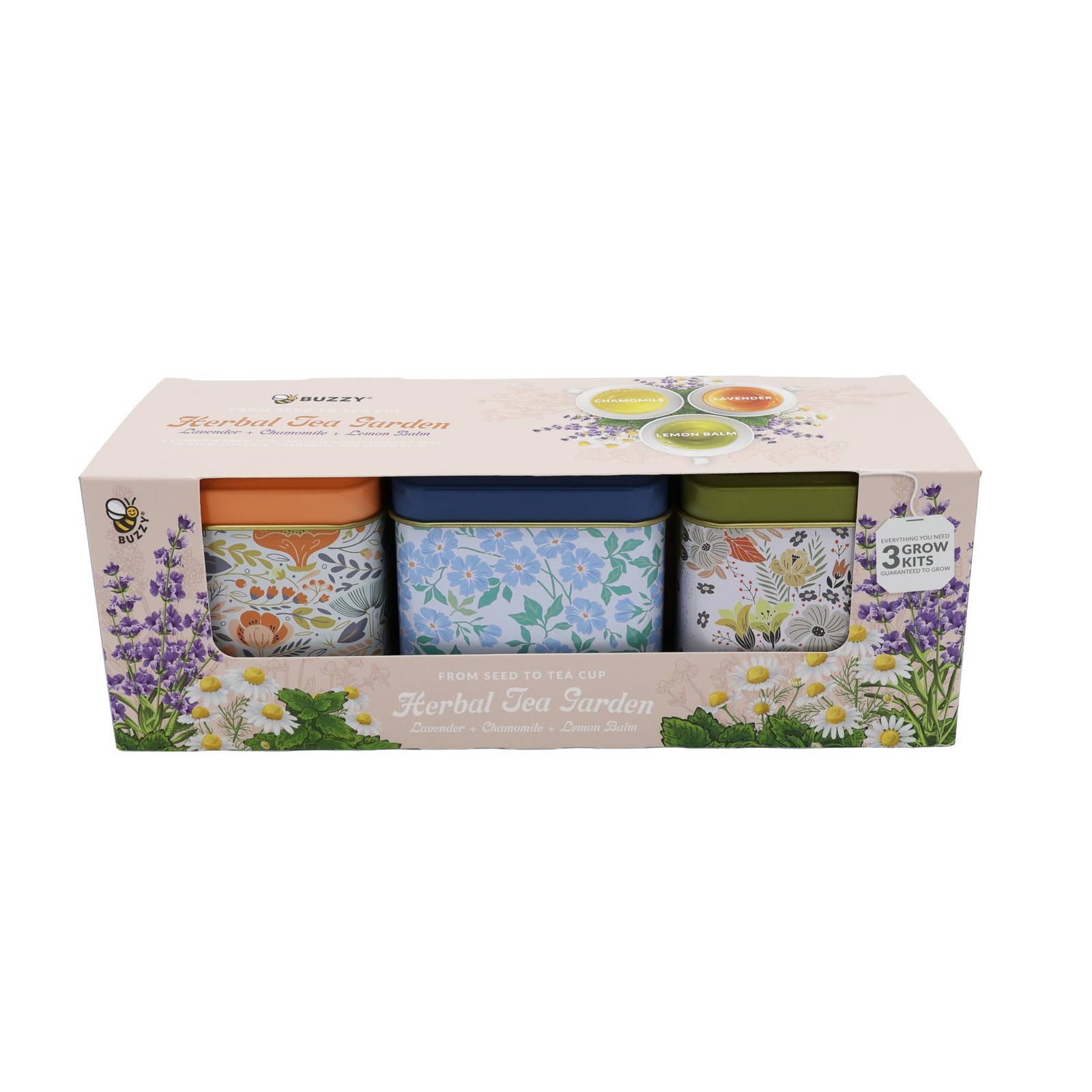 BUZZY Seeds Herbal Tea Garden Grow Kit – 3 Square Tin Planters with Lavender,…