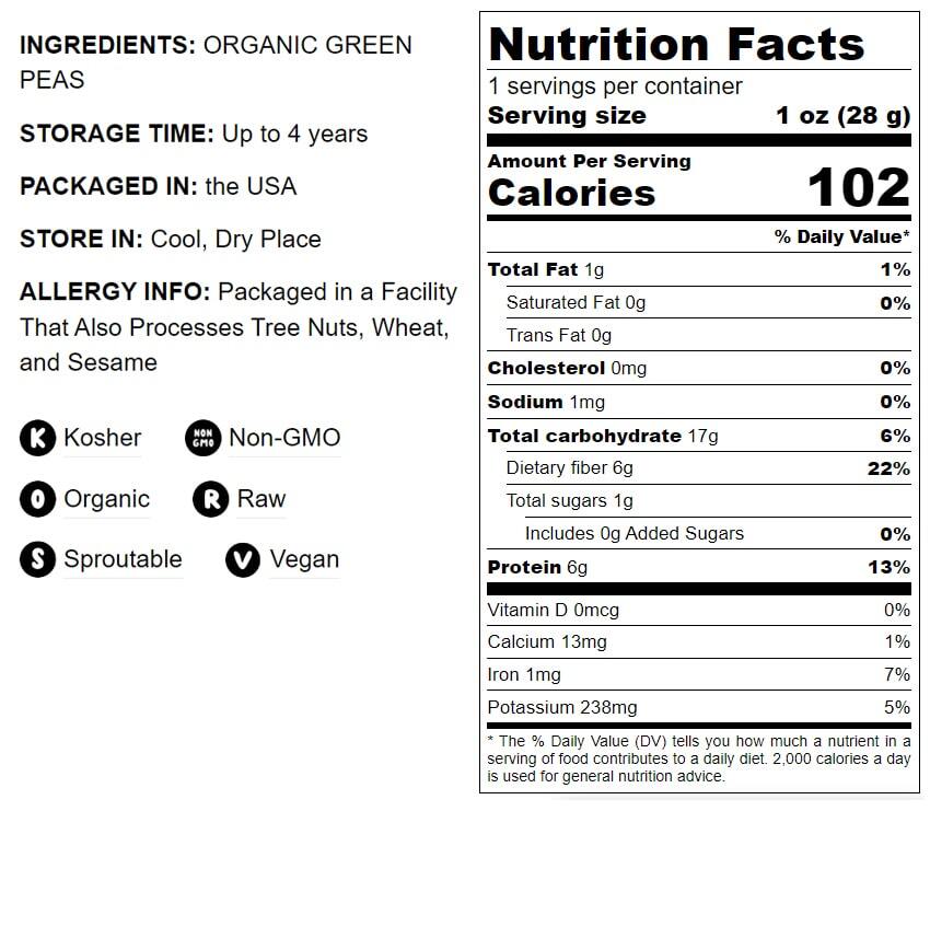 Organic Whole Dried Green Peas – Non-GMO, Sproutable, Kosher – by Food To Live