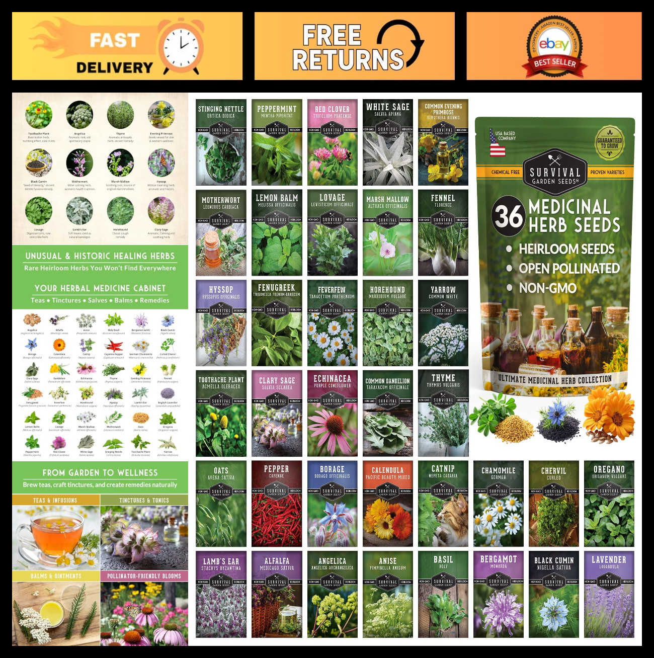 Heirloom Medicinal Herb Seeds Variety Pack – 36 Non-GMO Healing Herbs for Wellne