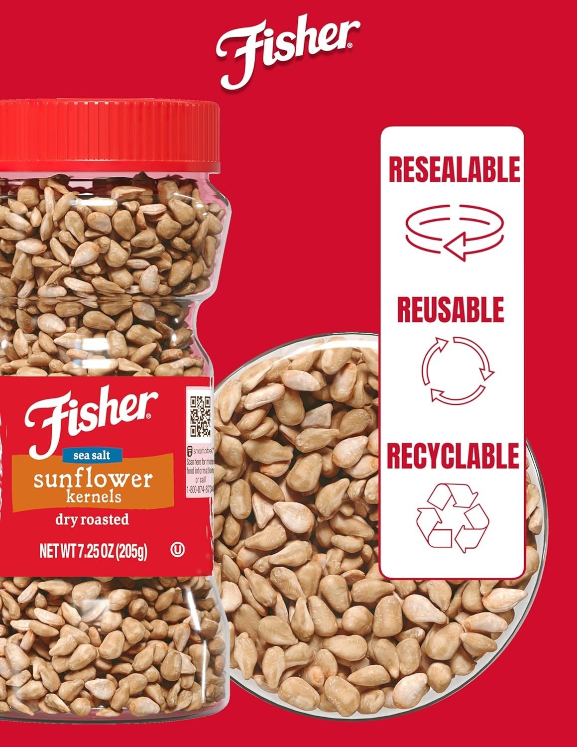 Fisher Dry Roasted Sunflower Seeds 7.25 oz Pack of 2 Gluten-Free Snacks