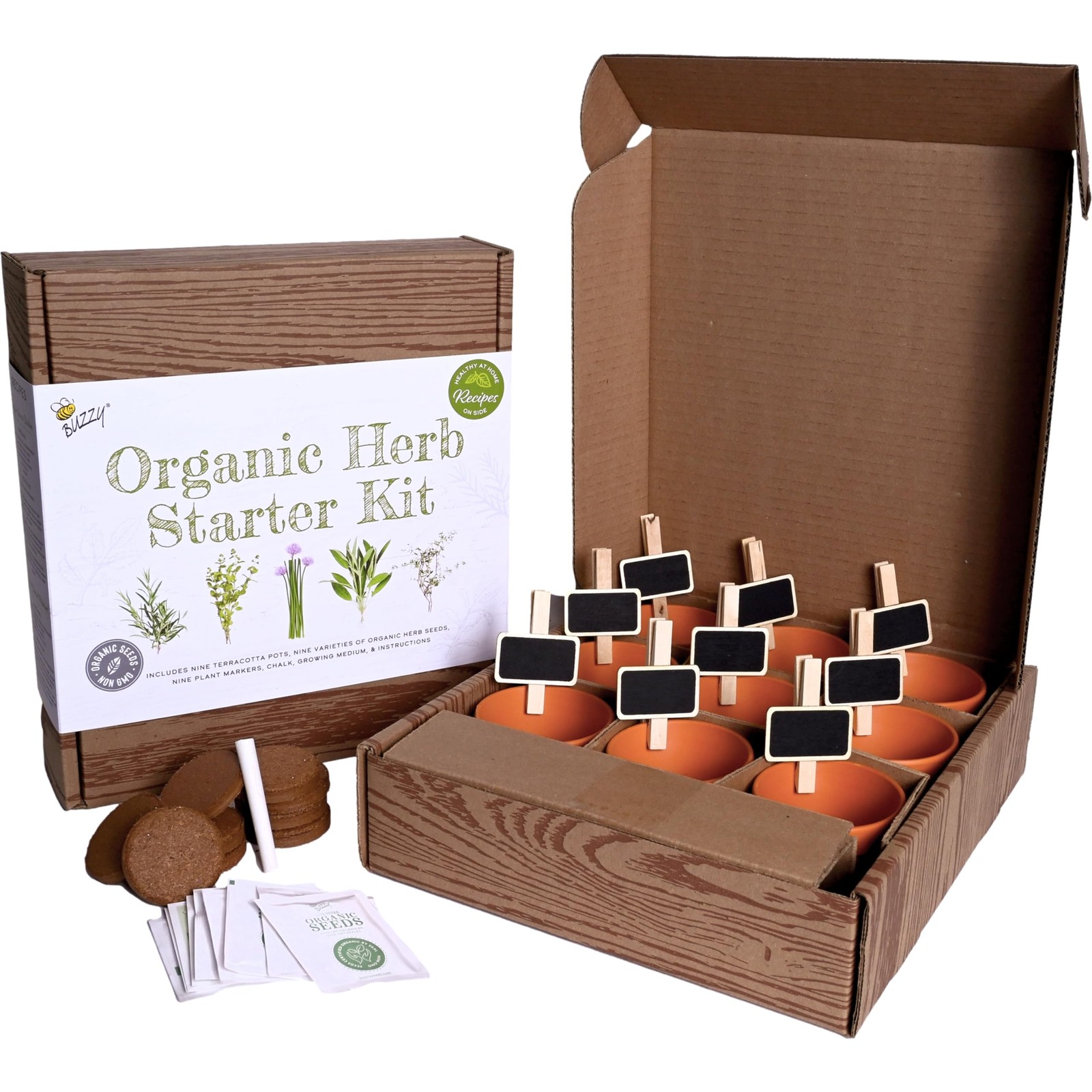 Buzzy Organic Herb Starter Kit – 9 Terracotta Pots, Organic Seeds & Soil Pell…