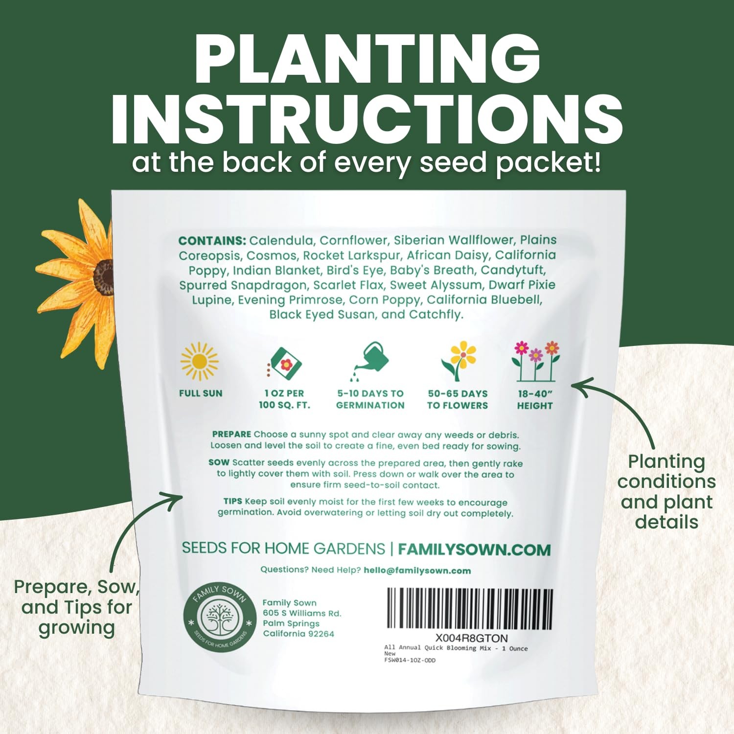 Bulk Wildflower Seeds Annual Quick Blooming 1/4 Pound Bag, Multiple Colors