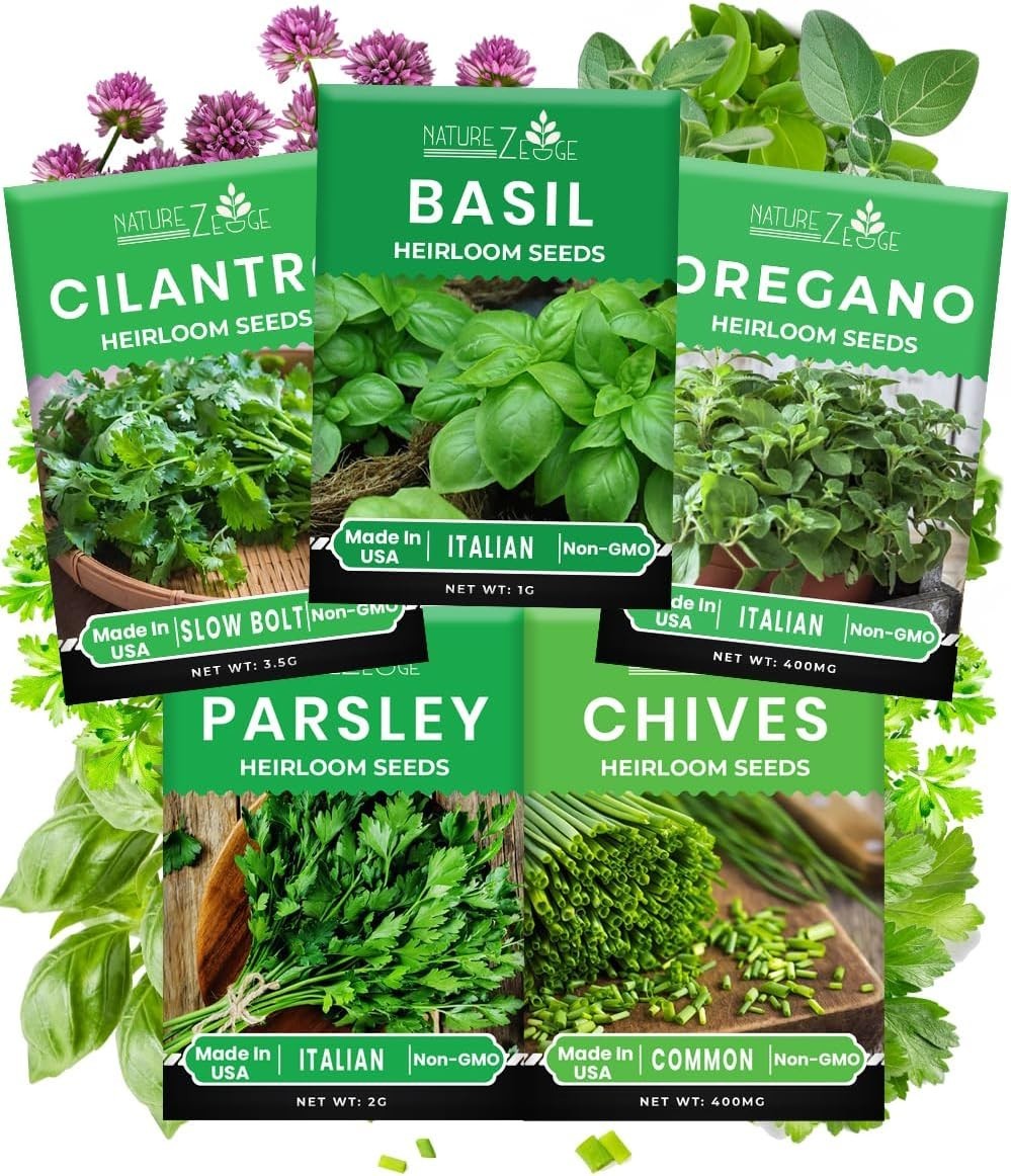 Indoor/Outdoor Herb Garden Seed Kit with 5 Heirloom Varieties for Fresh Flavor