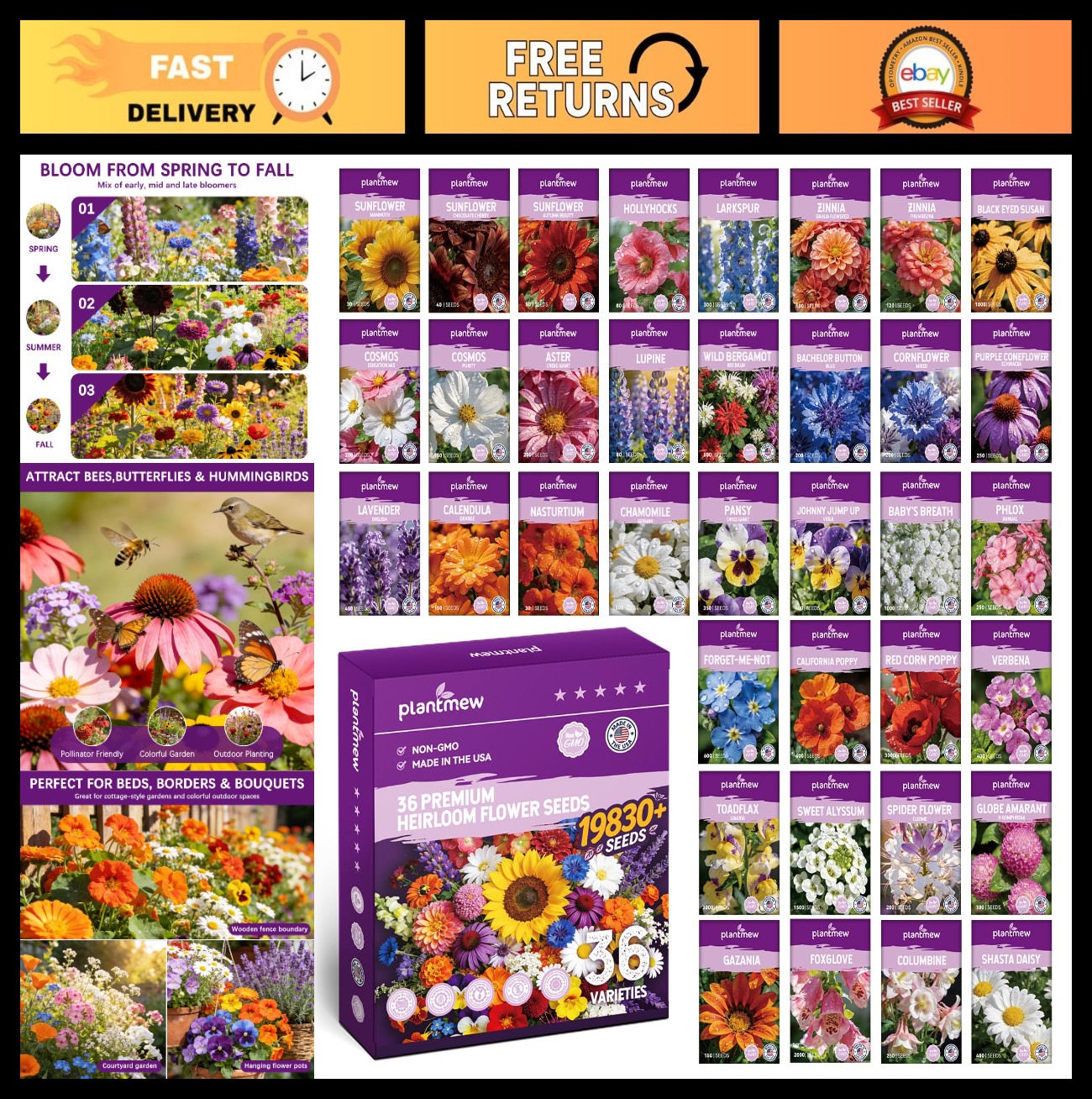 Wildflower Seed Mix 1/2 lb – 19830+ Non-GMO Annual & Perennial Seeds for Garden