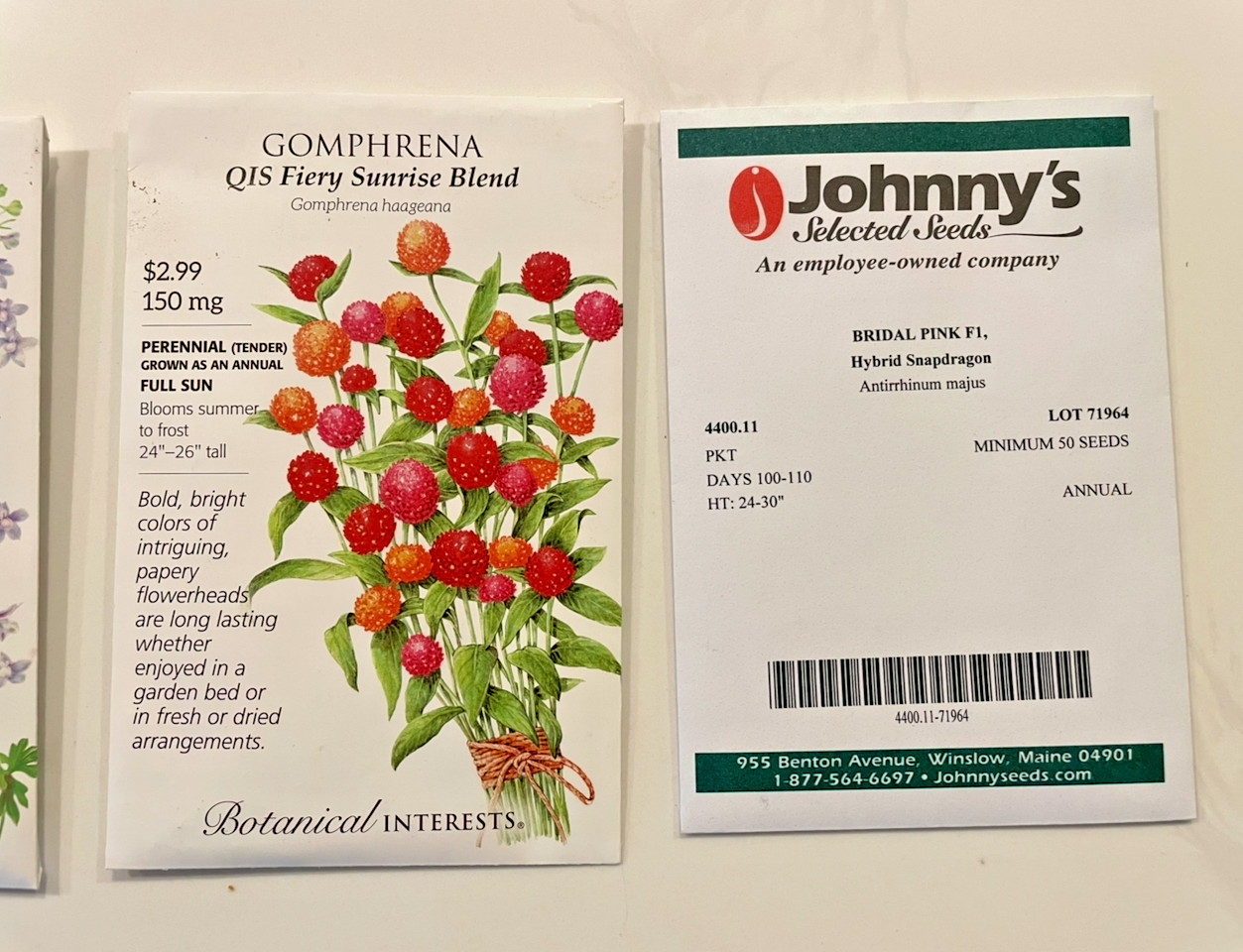 Flower Seed Bundle – 3 Packets – Snapdragon, Gomphrena, Delphinium