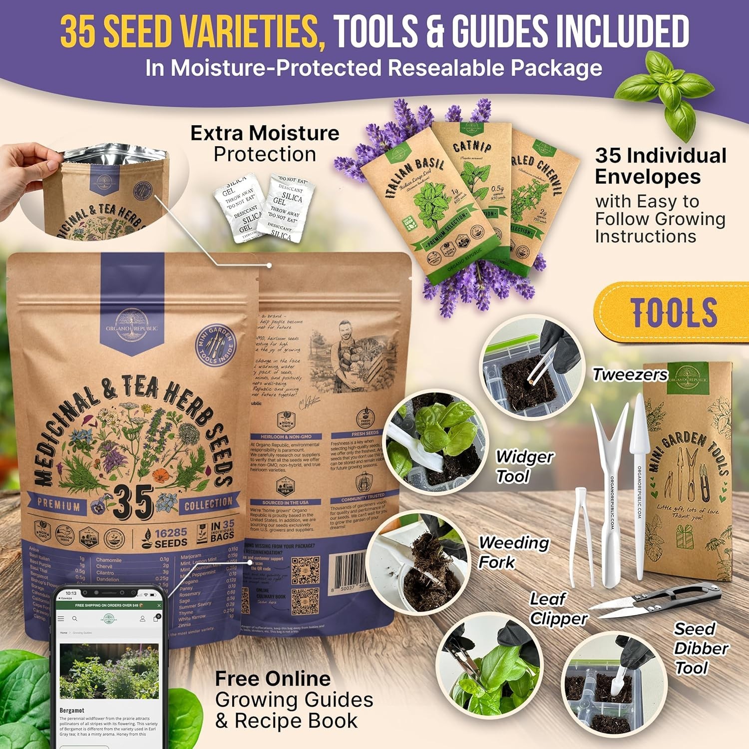 35 Medicinal & Tea Herb Seeds Variety Pack for Indoor & Outdoors. 16,335+ Non-GM