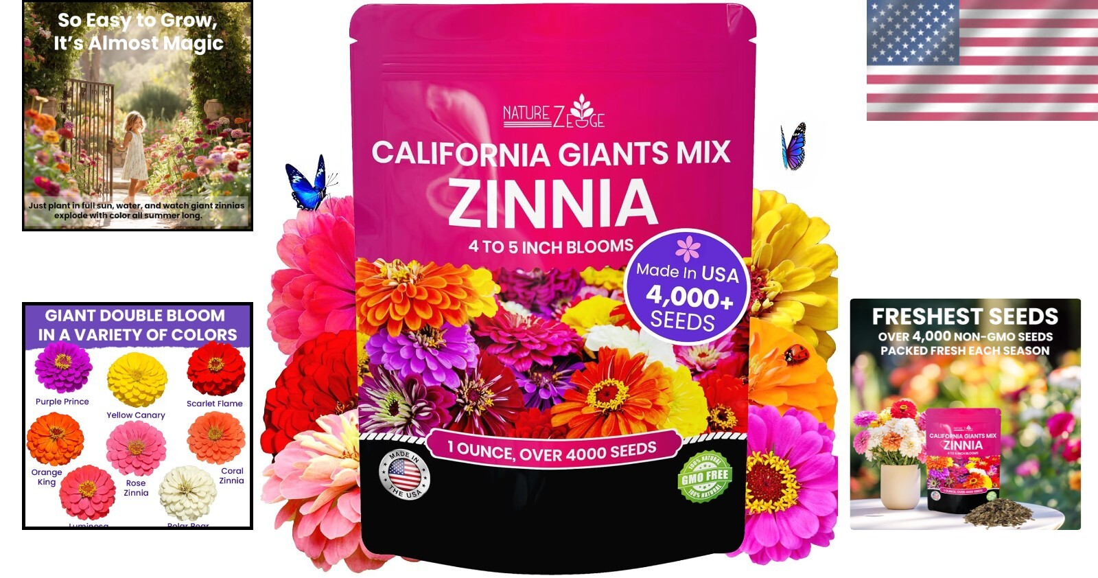 California Giants Zinnia Seeds – Multi-Color, GMO Free, 1 Oz for Vibrant Gardens