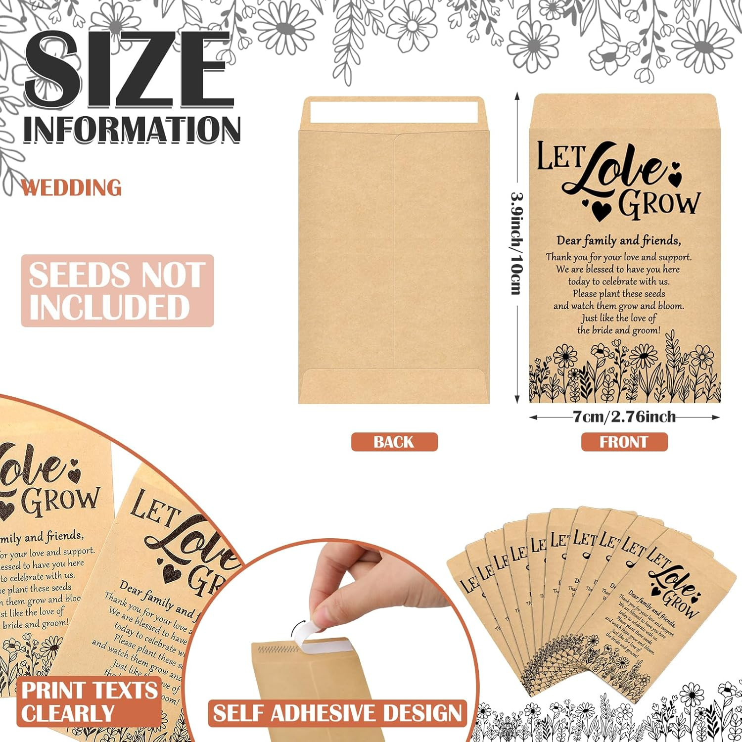 50 Sets Wedding Favor Seed Packets Let Love Grow Self Adhesive Kraft Envelopes R