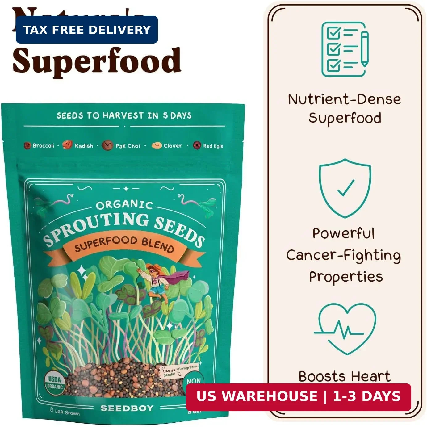 Seedboy Organic Non-GMO Sprouting Seeds, Superfood Blend – USA Grown Microgreens