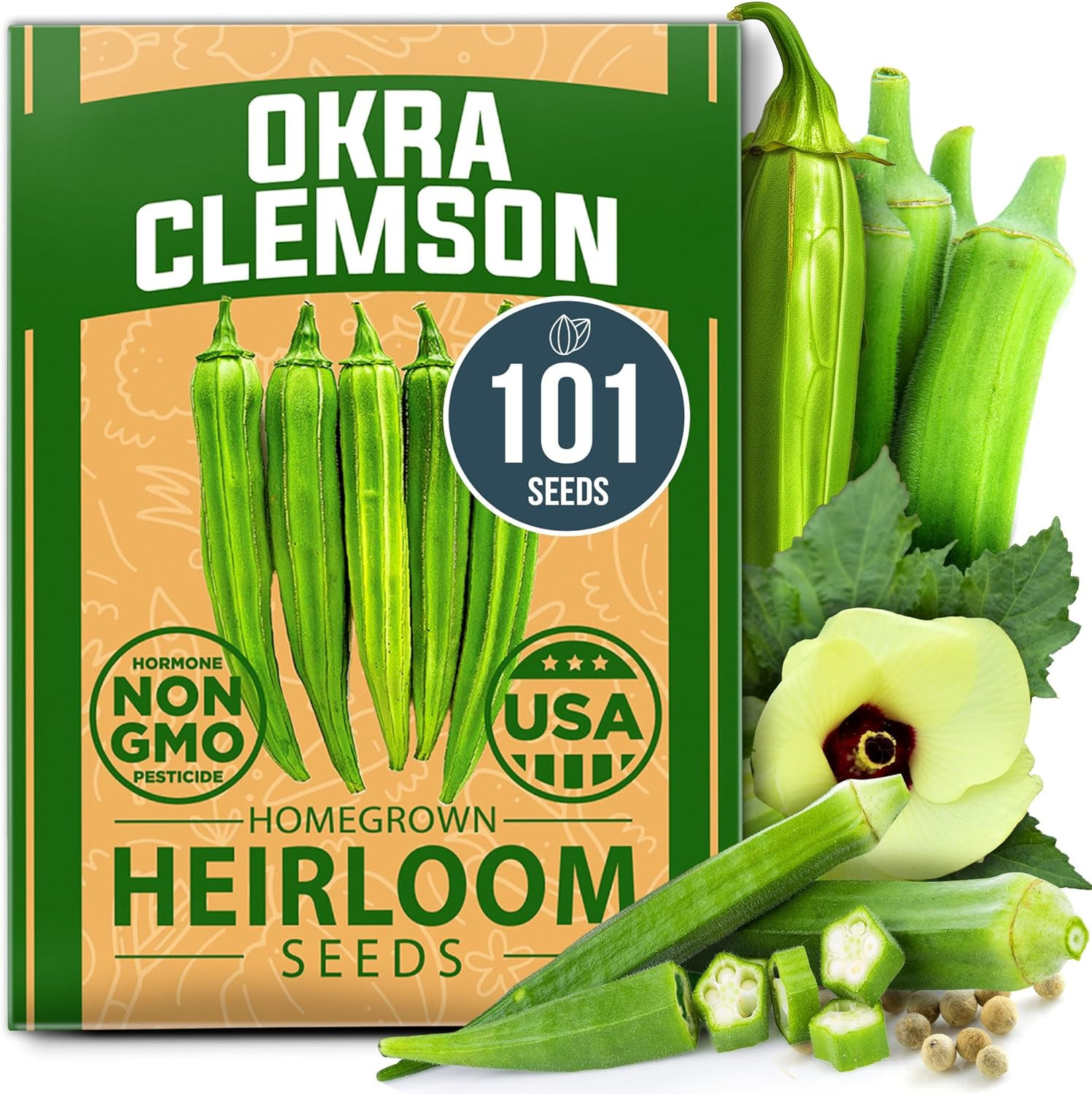 HOME GROWN Clemson Spineless Okra Seeds 101+ Heirloom Non-Gmo Vegetable Seeds fo