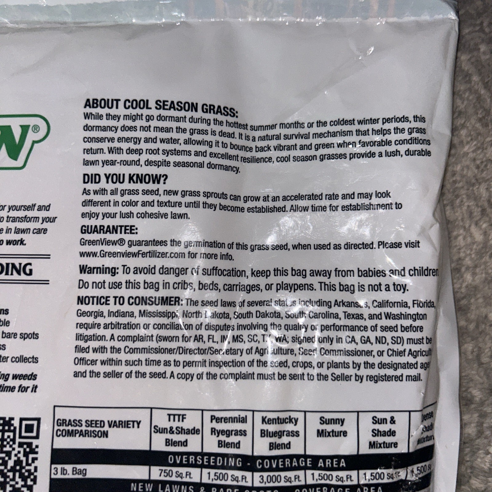 Greenview Pure Grass Seed Sunny Mixture 1,500 Square Foot Coverage 3LB Bag