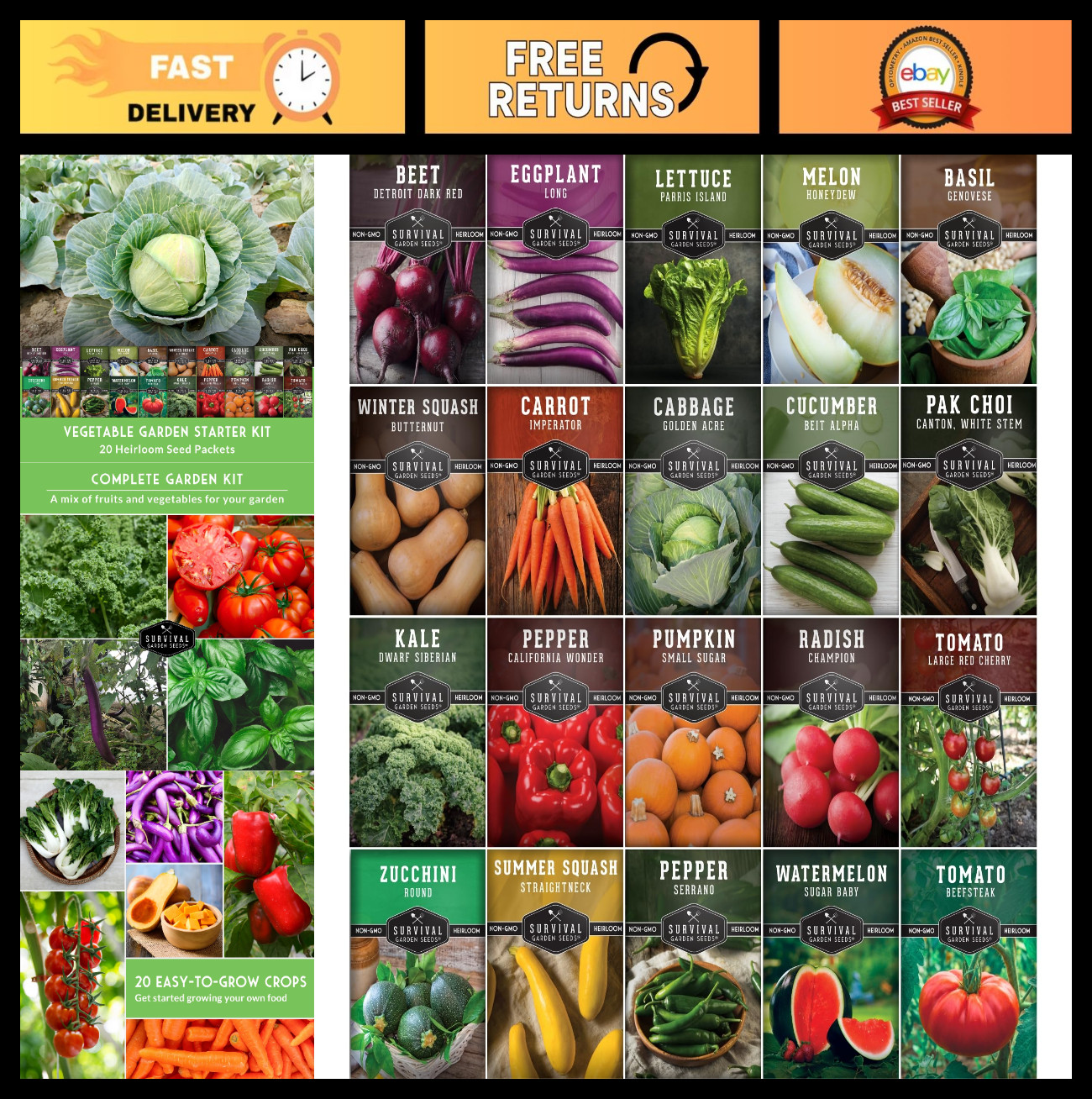 Heirloom Vegetable Garden Starter Kit – 20 Non-GMO Seeds for Beginners | Indoor/