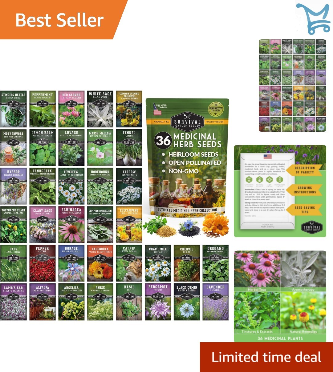 Home Apothecary Seed Kit – 36 Variety Pack of Medicinal Herbs for Self-Reliance